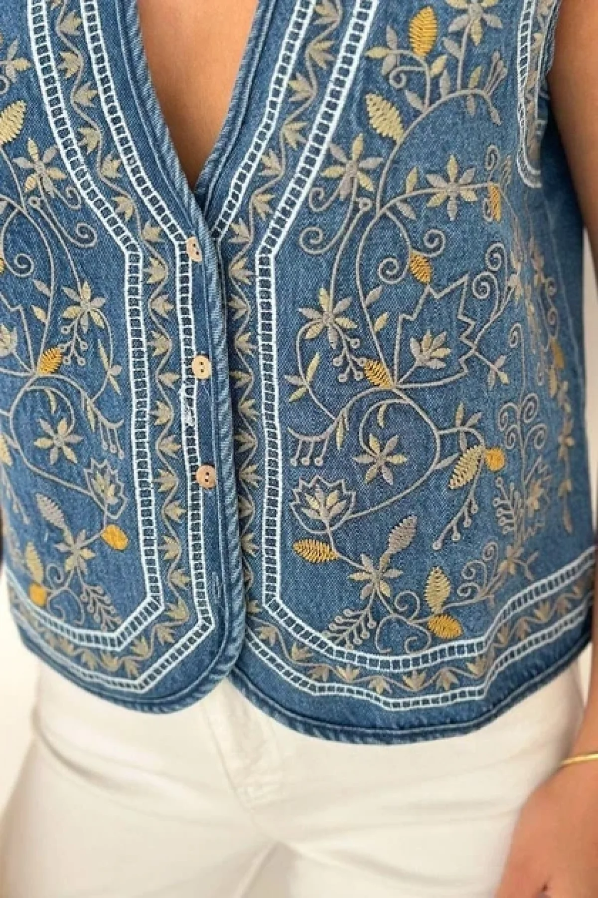 Kadın Mavi Etnik Nakışlı Bohem Jean Yelek Pinterest Tarzı Kot Yelek