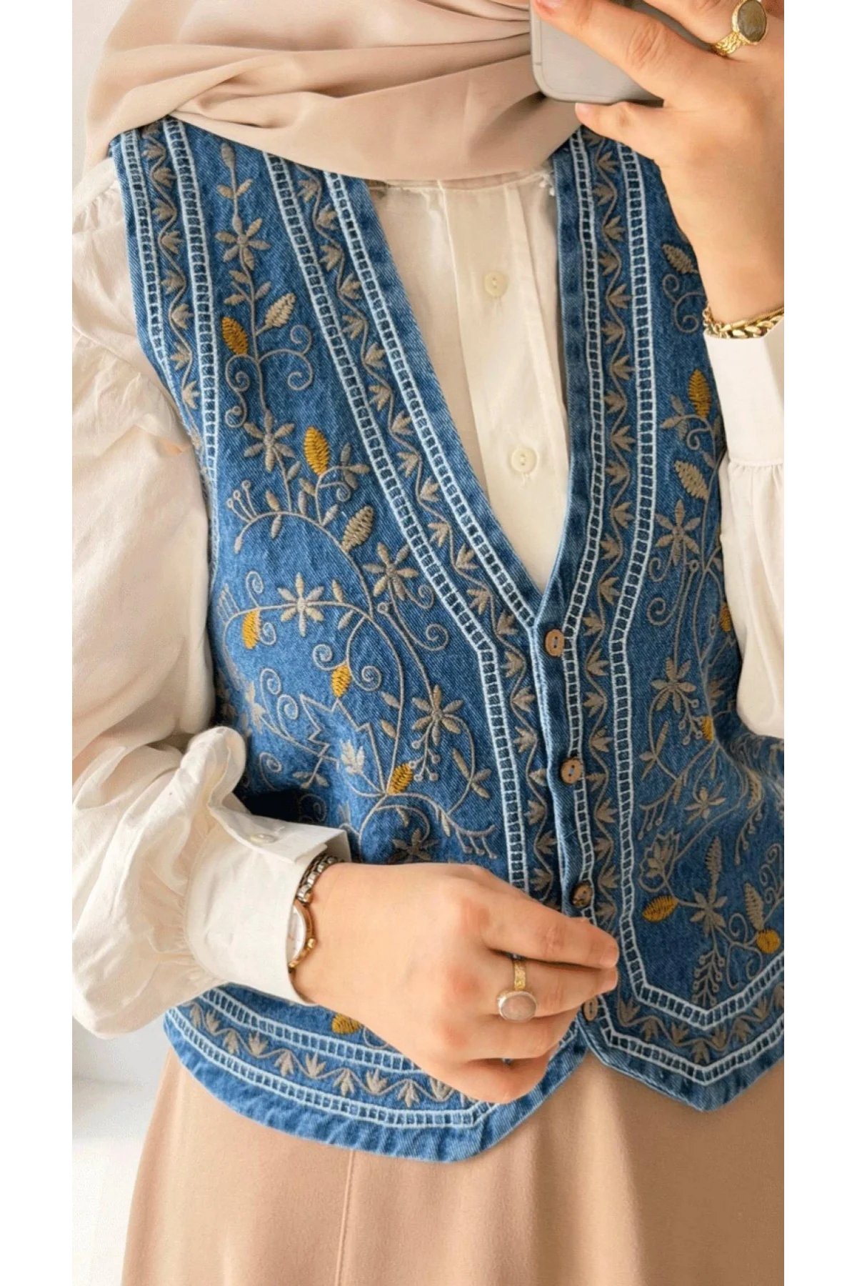 Kadın Mavi Etnik Nakışlı Bohem Jean Yelek Pinterest Tarzı Kot Yelek