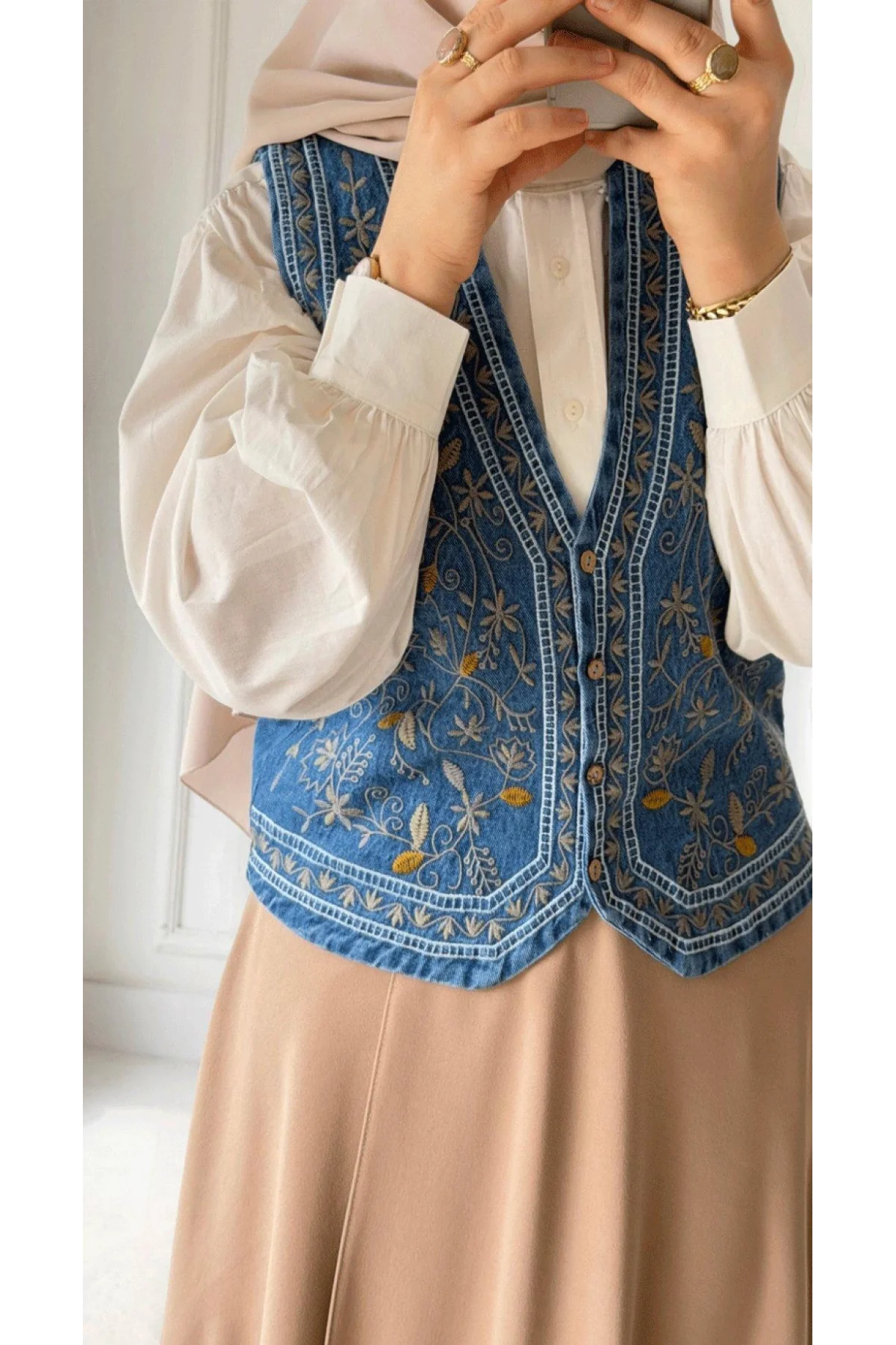 Kadın Mavi Etnik Nakışlı Bohem Jean Yelek Pinterest Tarzı Kot Yelek