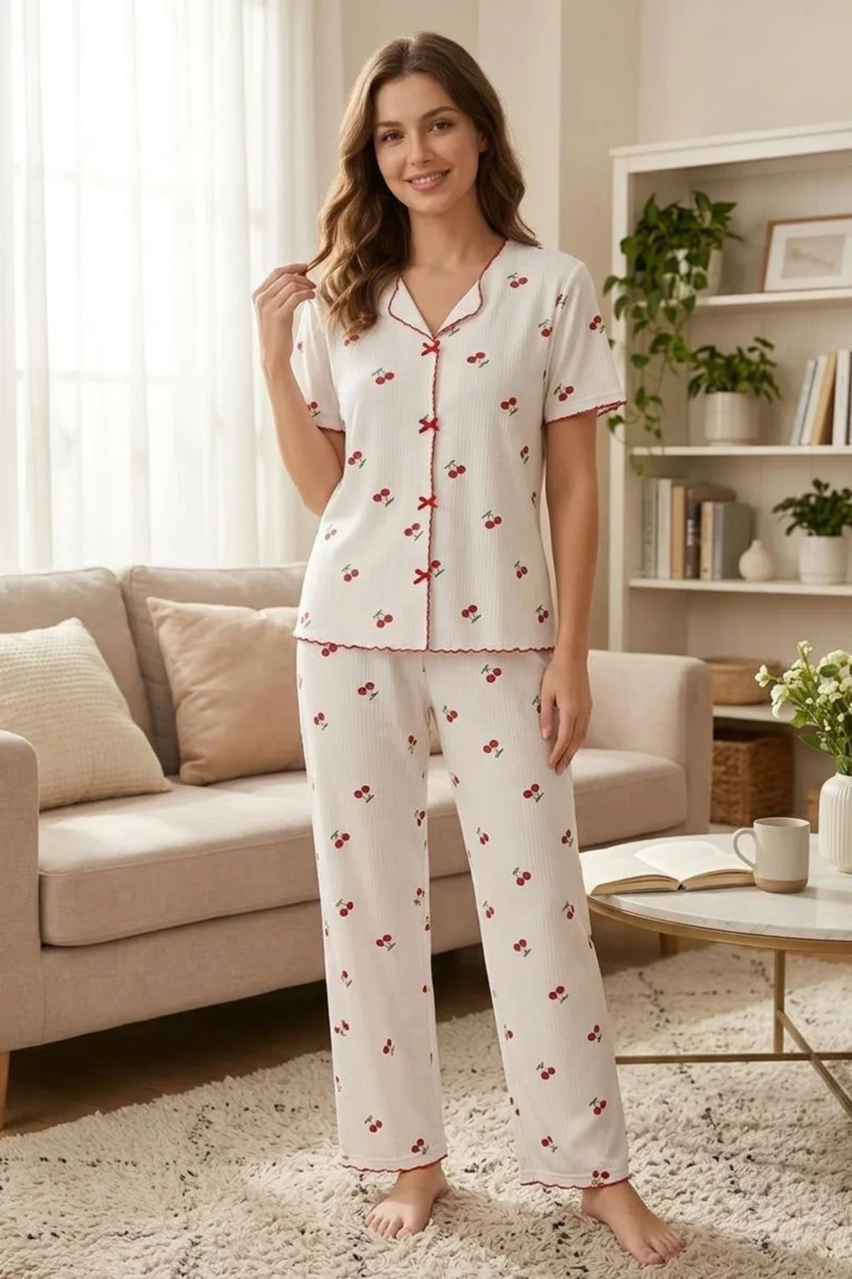 Kadın Beyaz Kiraz Desenli Pamuklu Fırfırlı Kısa Kollu Pijama Takımı