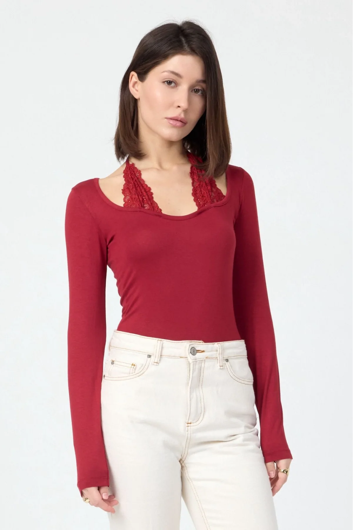 Kadın Bordo Dantel Yaka Detaylı Pamuklu Süprem Kumaş Uzun Kollu Bluz