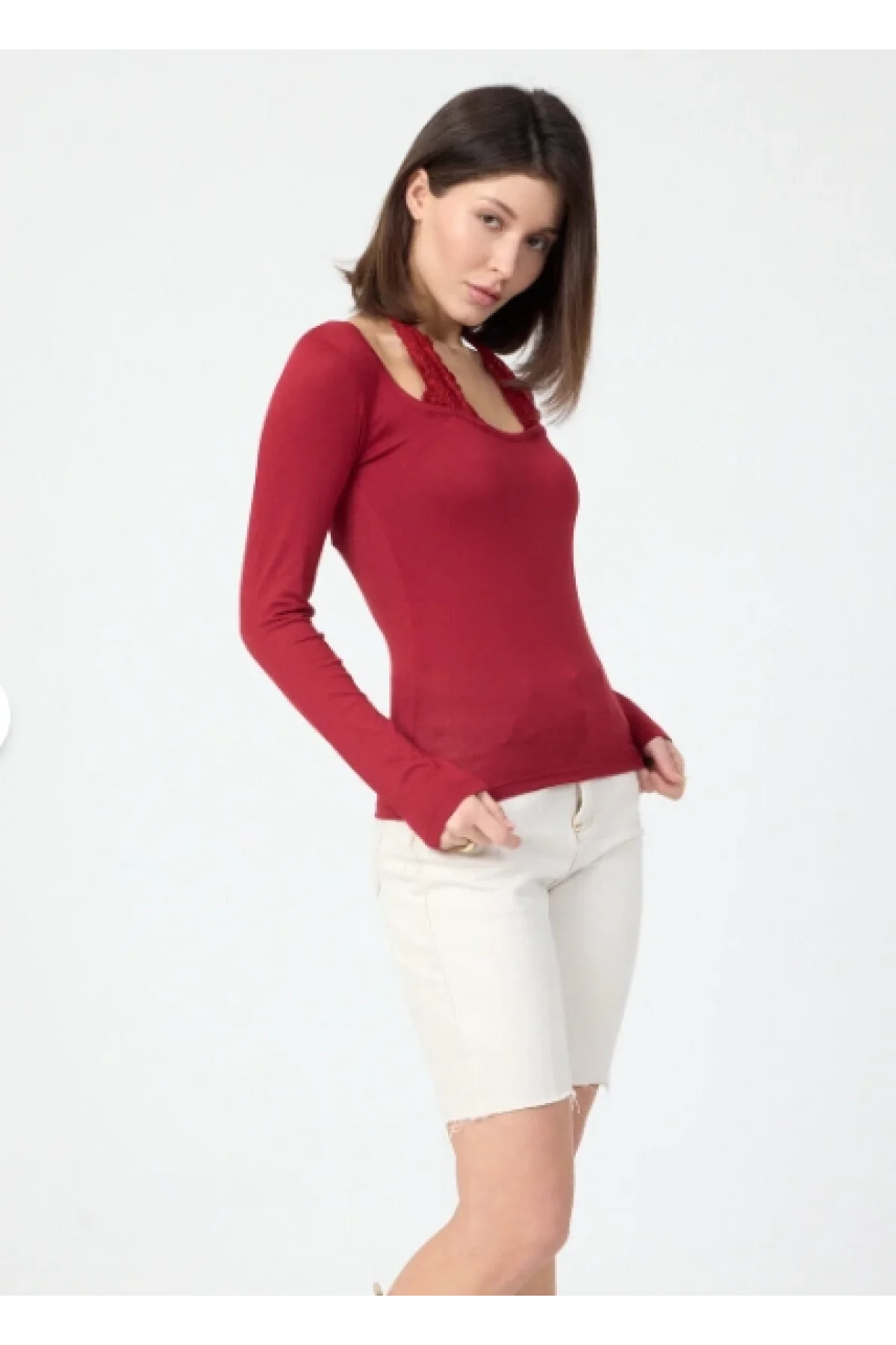 Kadın Bordo Dantel Yaka Detaylı Pamuklu Süprem Kumaş Uzun Kollu Bluz