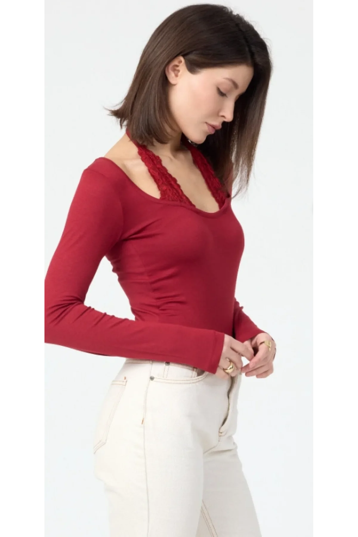 Kadın Bordo Dantel Yaka Detaylı Pamuklu Süprem Kumaş Uzun Kollu Bluz