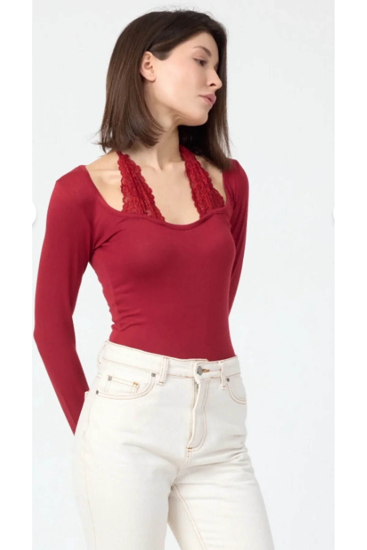 Kadın Bordo Dantel Yaka Detaylı Pamuklu Süprem Kumaş Uzun Kollu Bluz