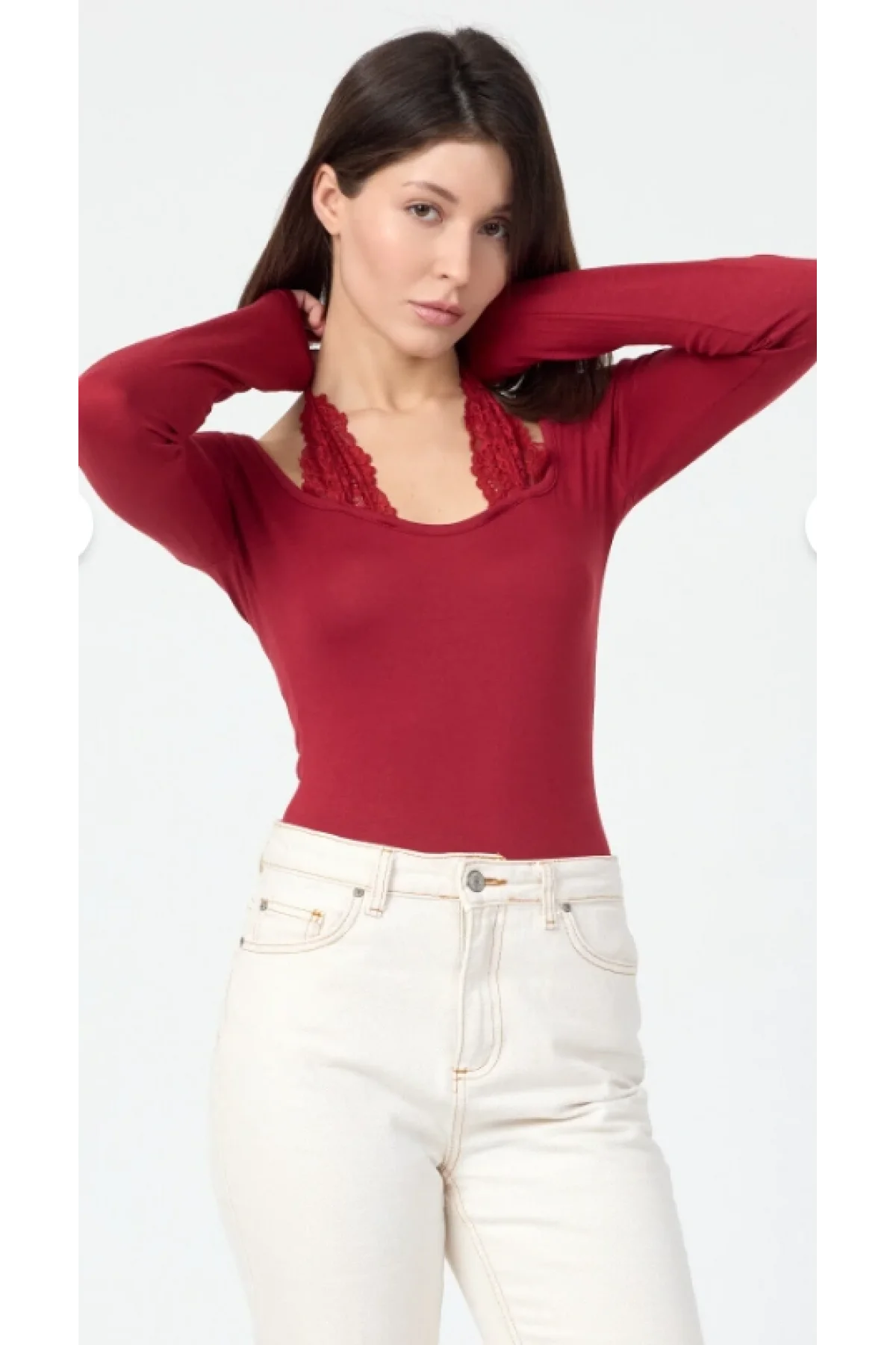 Kadın Bordo Dantel Yaka Detaylı Pamuklu Süprem Kumaş Uzun Kollu Bluz