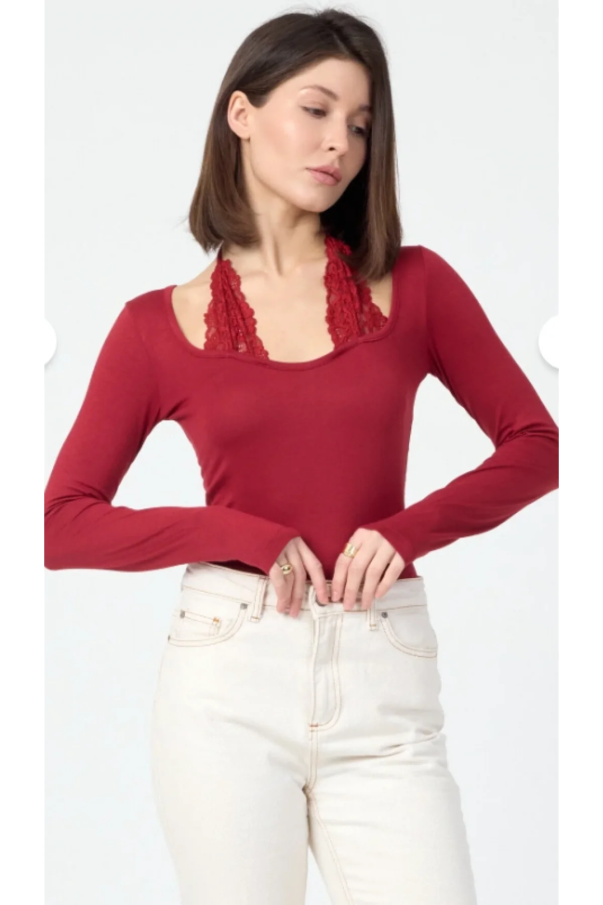 Kadın Bordo Dantel Yaka Detaylı Pamuklu Süprem Kumaş Uzun Kollu Bluz
