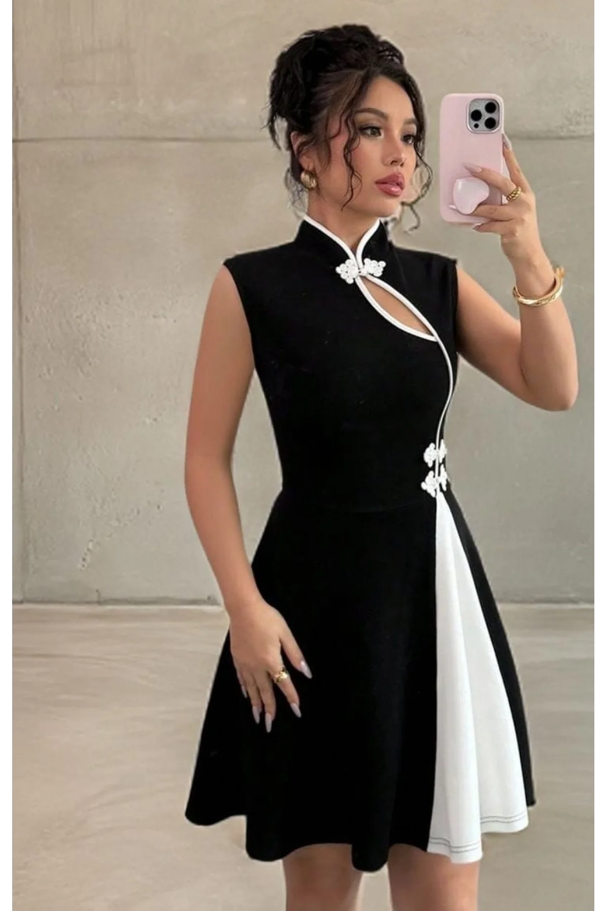 Kadın Siyah Çin Yakalı Kloş Etekli Pinterest Dalgıç Kumaş Mini Abiye Elbise