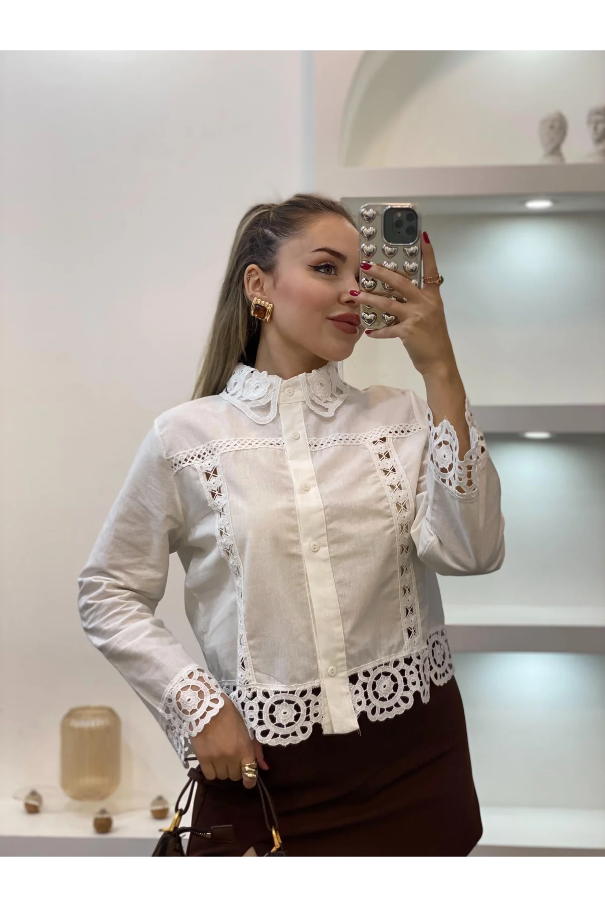 Kadın Beyaz Tasarım Motifli Pamuklu Keten Gömlek Dantelli Pinterest Gömlek