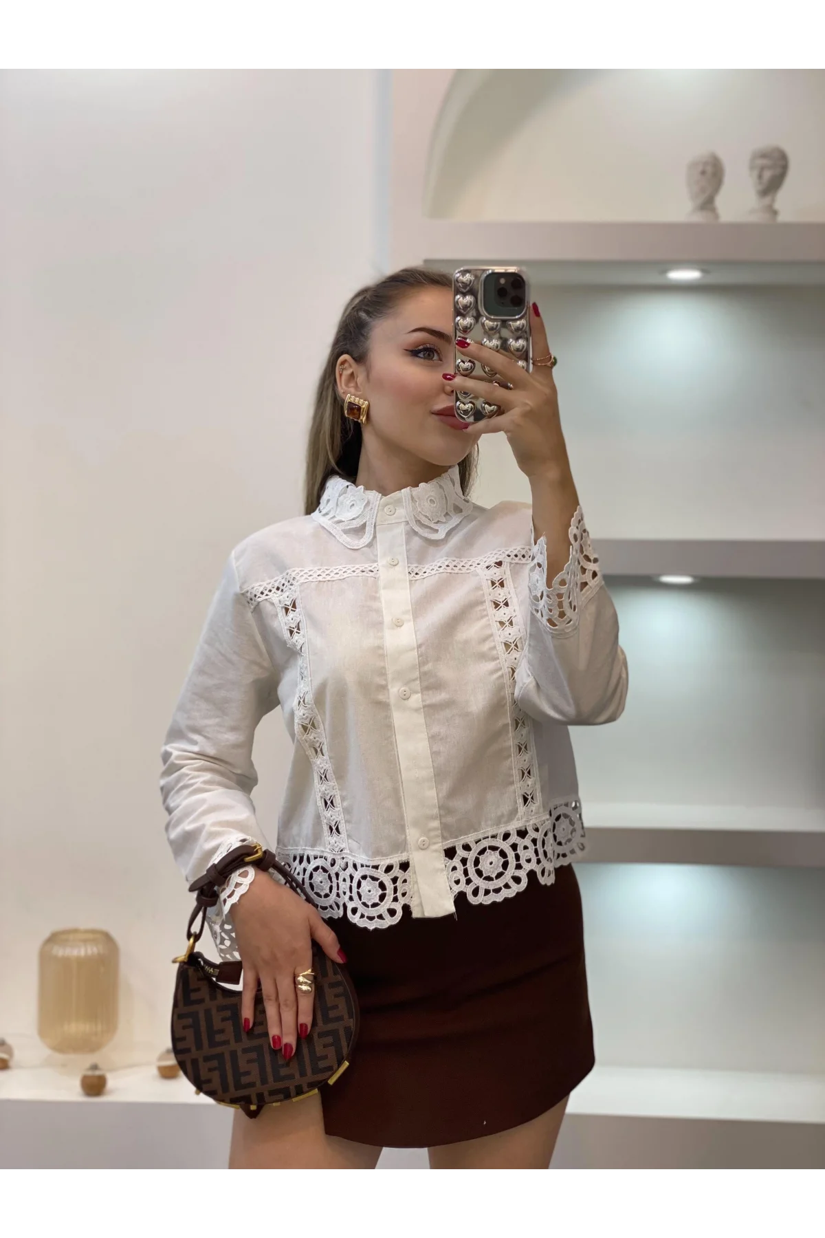 Kadın Beyaz Tasarım Motifli Pamuklu Keten Gömlek Dantelli Pinterest Gömlek