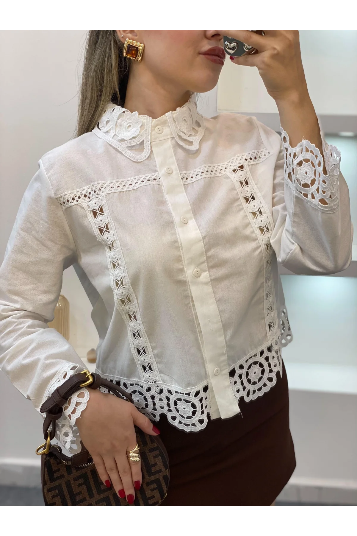 Kadın Beyaz Tasarım Motifli Pamuklu Keten Gömlek Dantelli Pinterest Gömlek