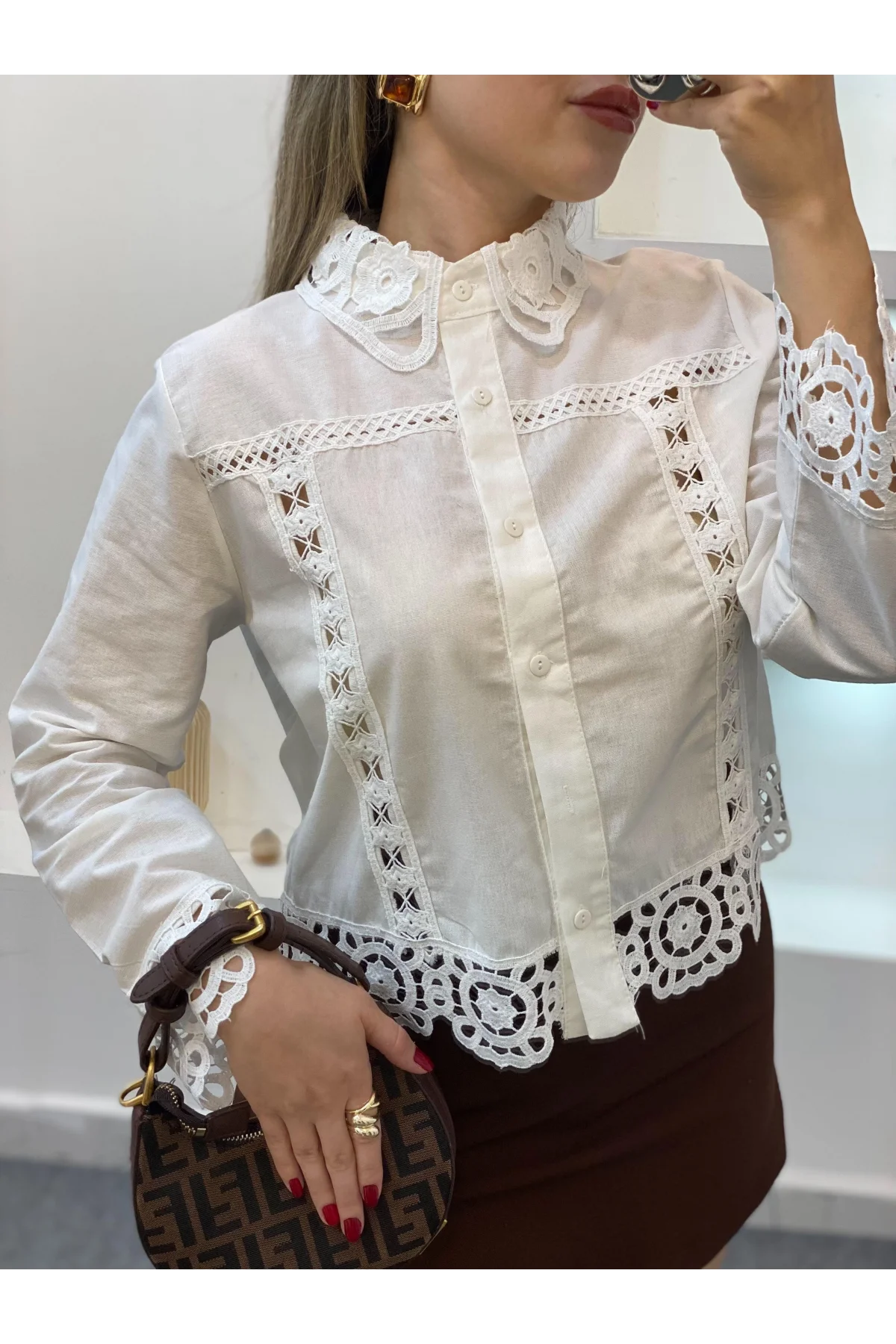 Kadın Beyaz Tasarım Motifli Pamuklu Keten Gömlek Dantelli Pinterest Gömlek