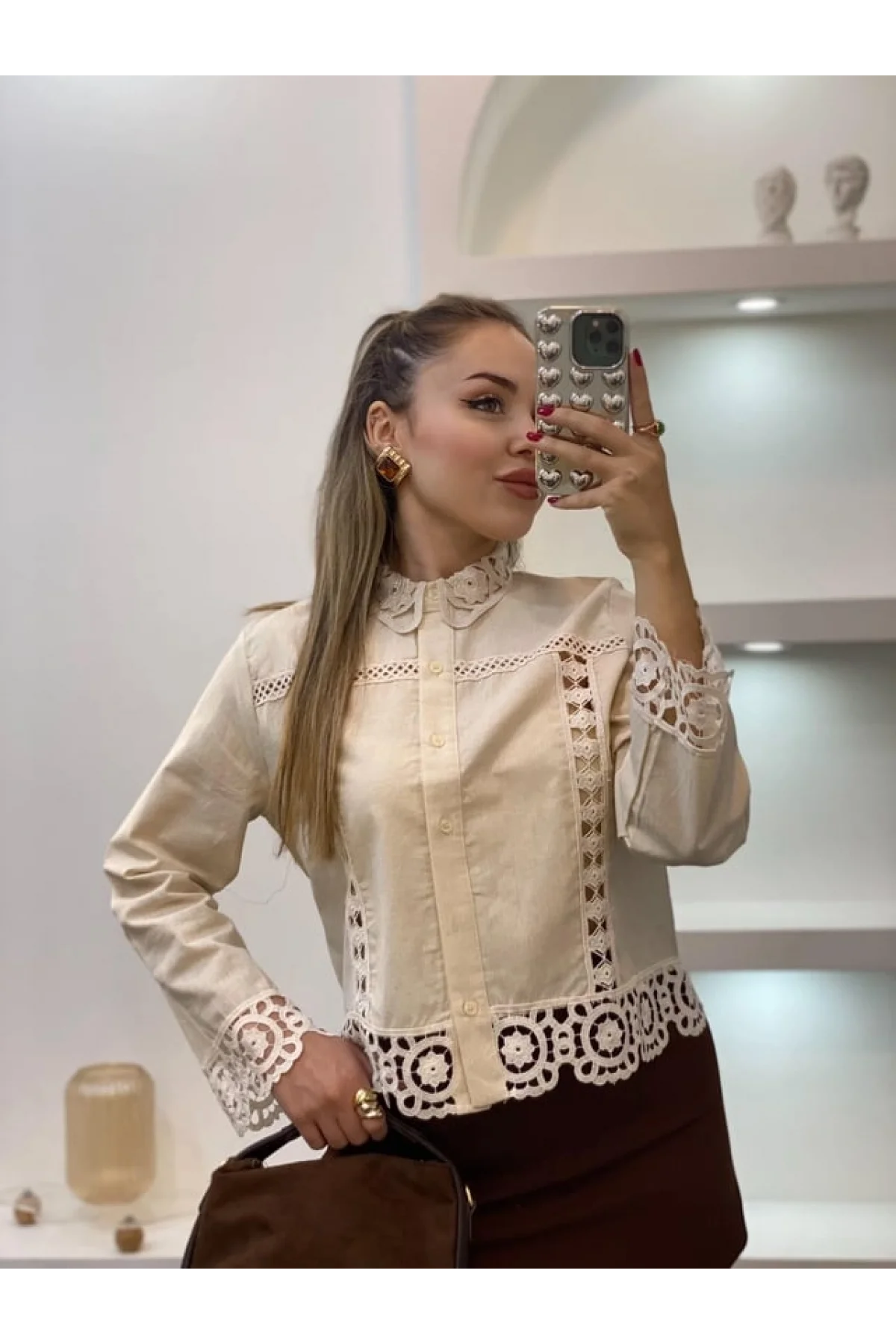 Kadın Bej Tasarım Motifli Pamuklu Keten Gömlek Dantelli Pinterest Gömlek