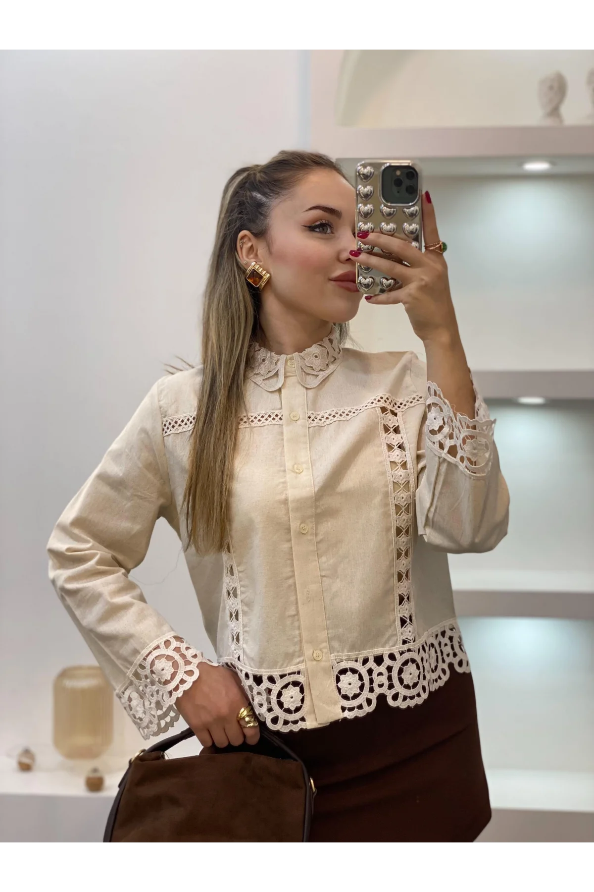 Kadın Bej Tasarım Motifli Pamuklu Keten Gömlek Dantelli Pinterest Gömlek