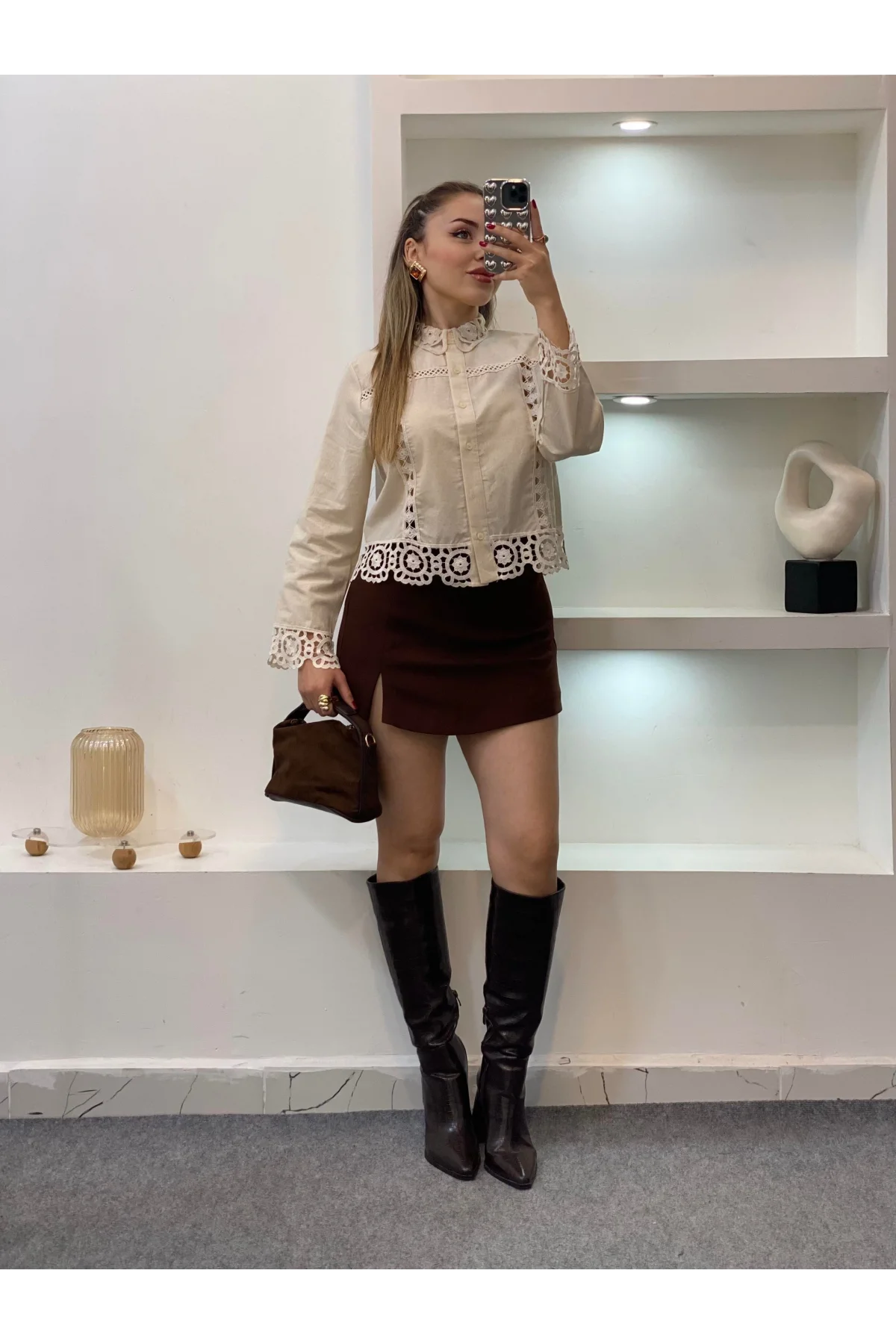 Kadın Bej Tasarım Motifli Pamuklu Keten Gömlek Dantelli Pinterest Gömlek