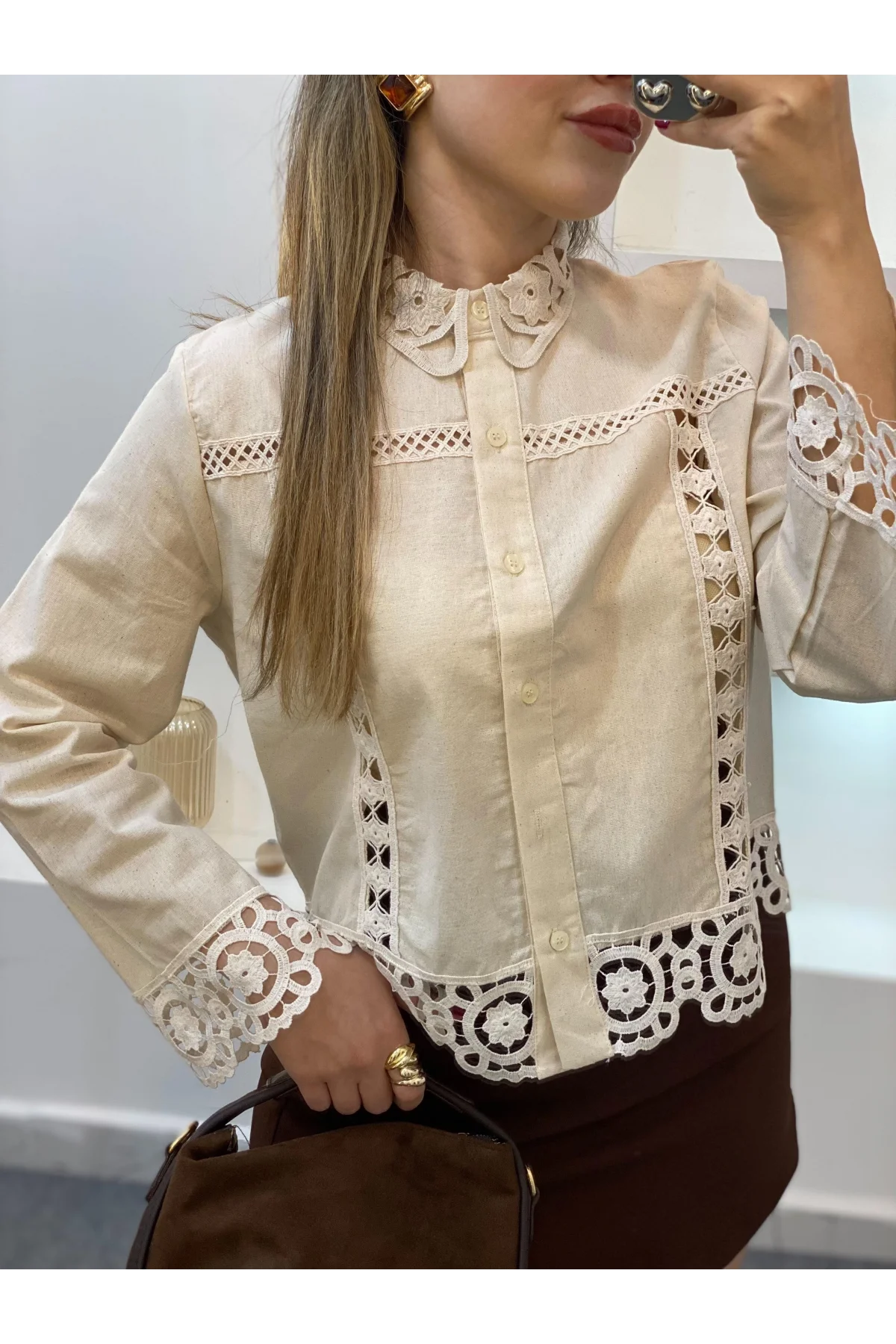 Kadın Bej Tasarım Motifli Pamuklu Keten Gömlek Dantelli Pinterest Gömlek