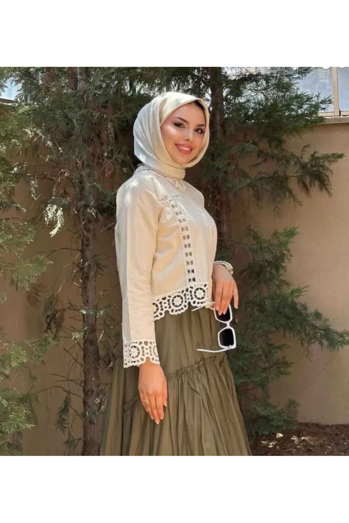 Kadın Bej Tasarım Motifli Pamuklu Keten Gömlek Dantelli Pinterest Gömlek