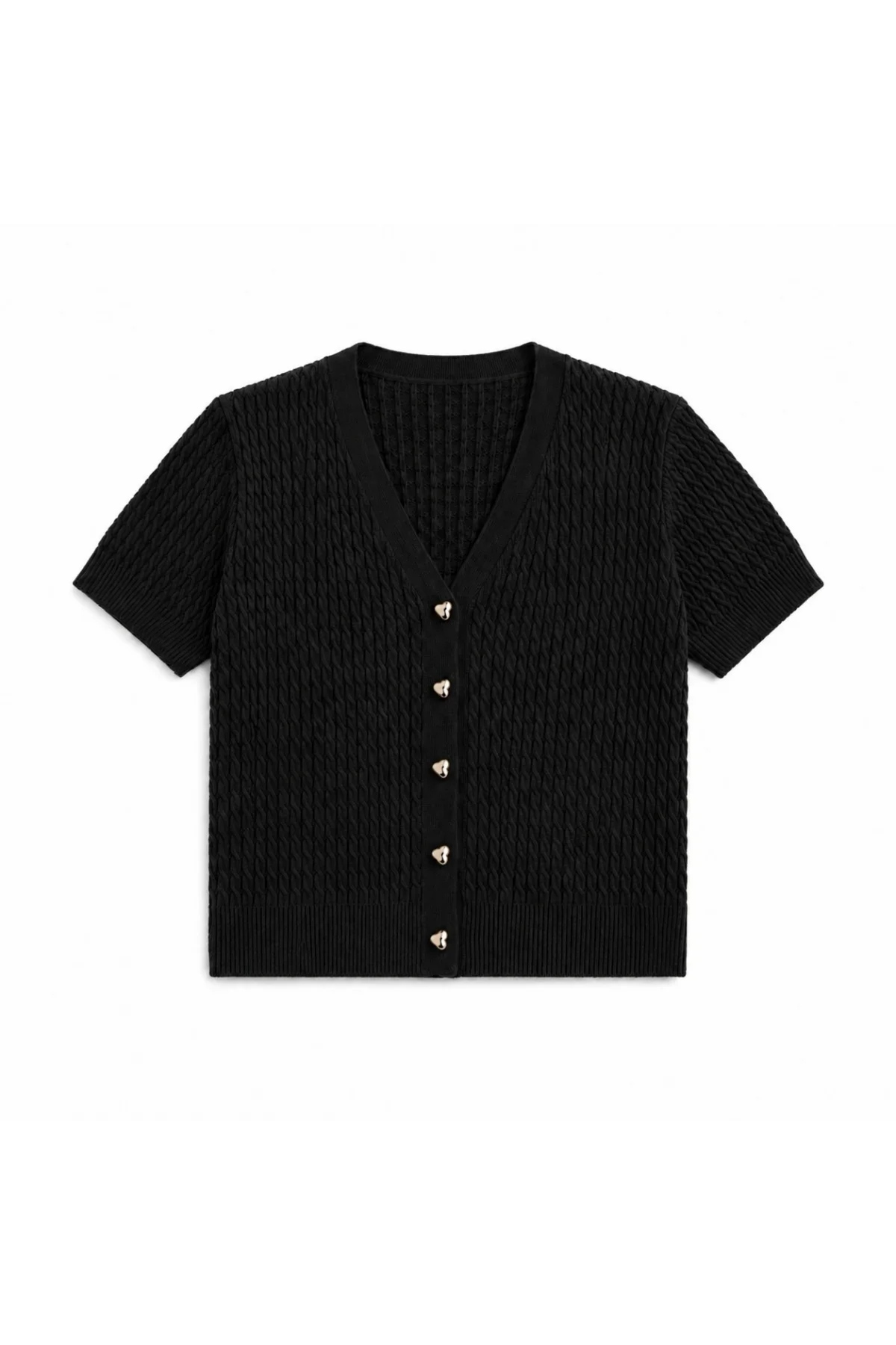 Kadın Siyah Kalp Düğmeli Örgü Triko Hırka Kısa Kollu V Yaka Pinterest