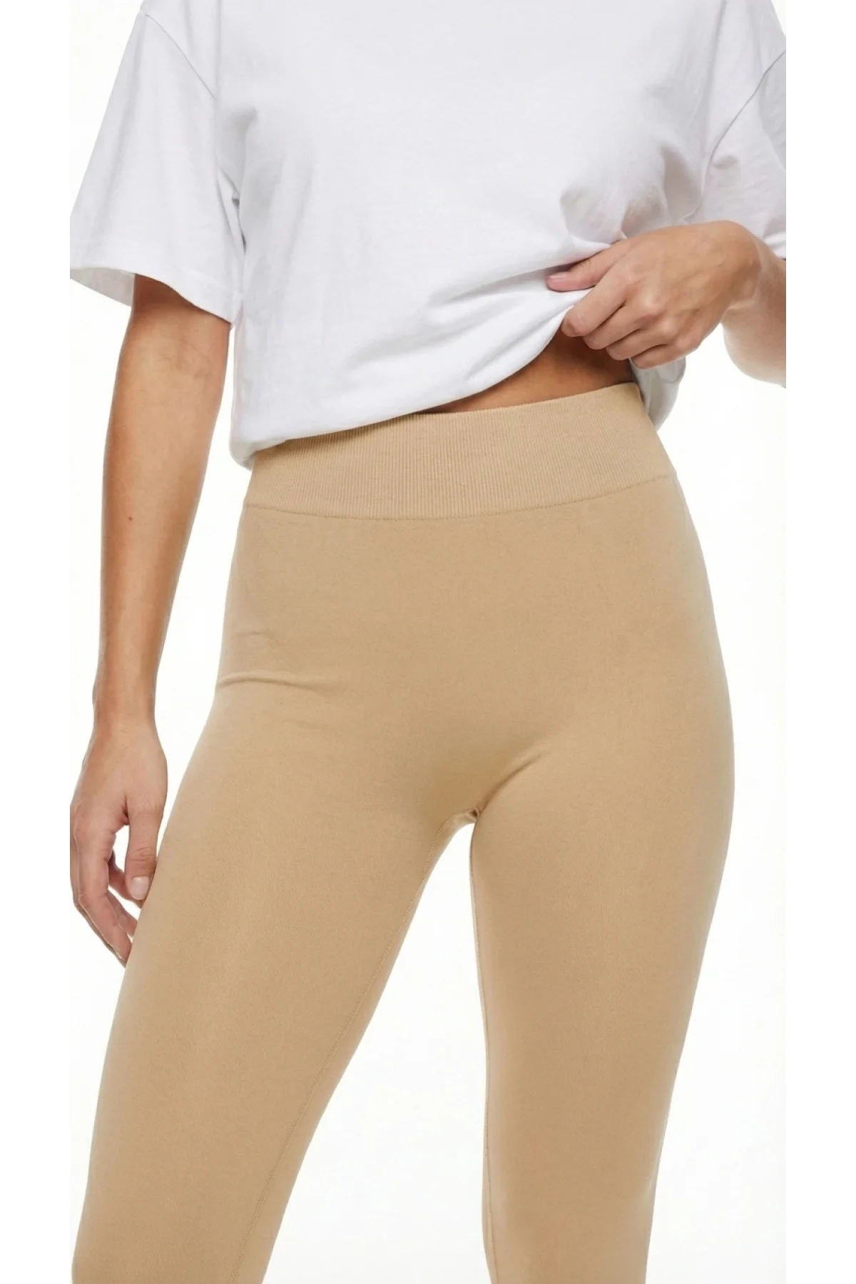 Kadın Bej Yüksek Bel Dikişsiz Fitilli Spor Tayt Toparlayıcı Seamless Nude