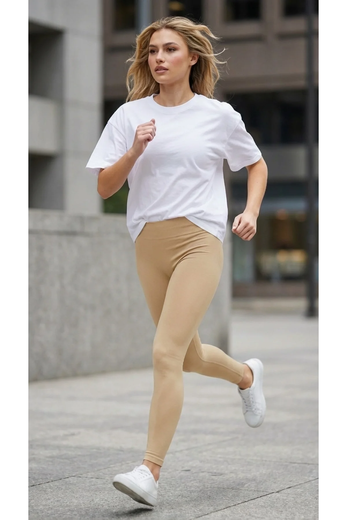 Kadın Bej Yüksek Bel Dikişsiz Fitilli Spor Tayt Toparlayıcı Seamless Nude