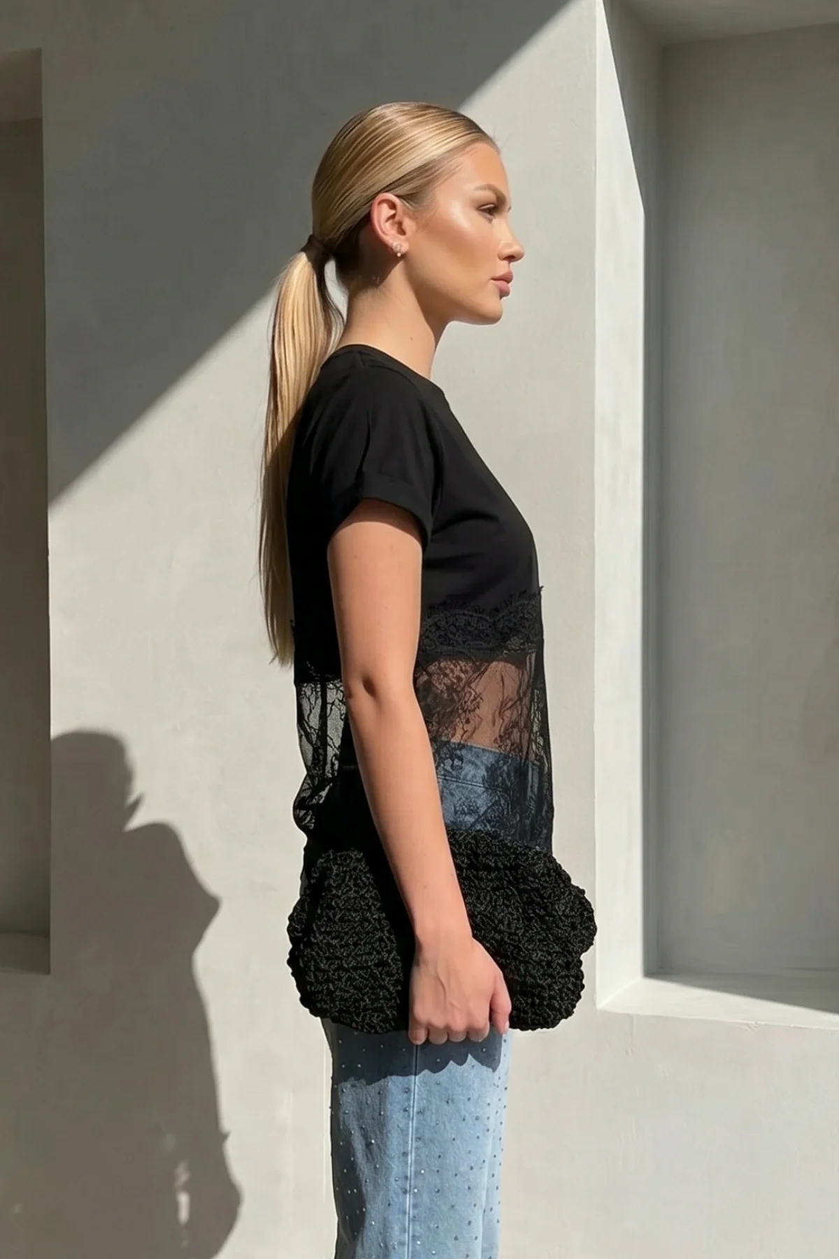 Kadın Siyah Dantel Detaylı Pamuklu Pinterest Crop Tişört