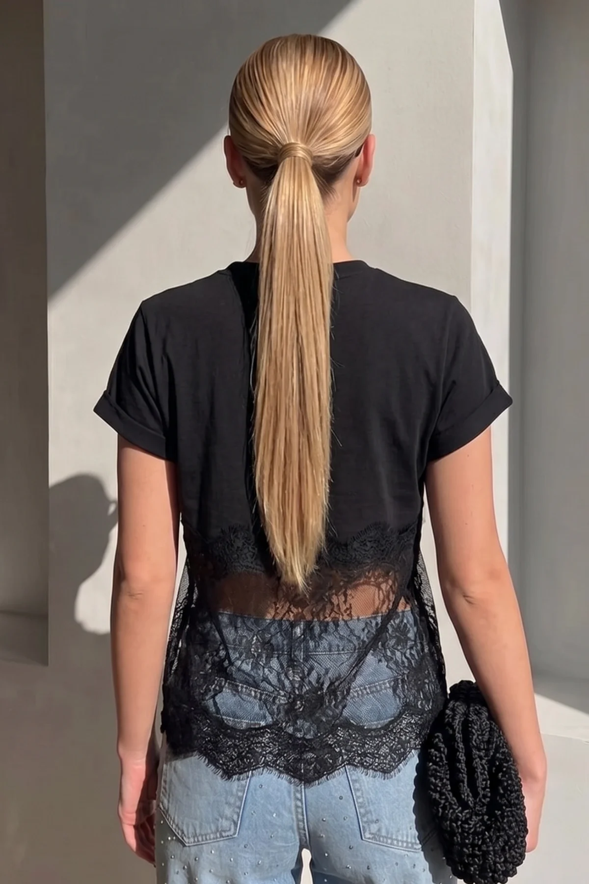 Kadın Siyah Dantel Detaylı Pamuklu Pinterest Crop Tişört