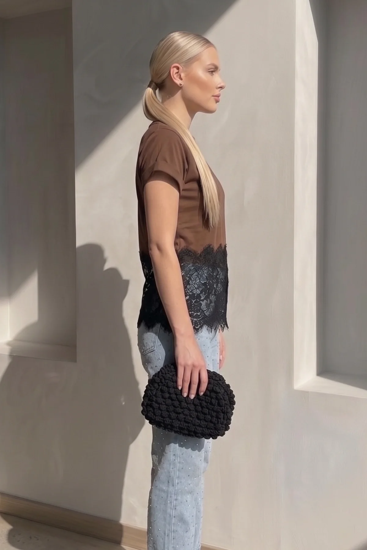 Kadın Kahverengi Dantel Detaylı Pamuklu Pinterest Crop Tişört