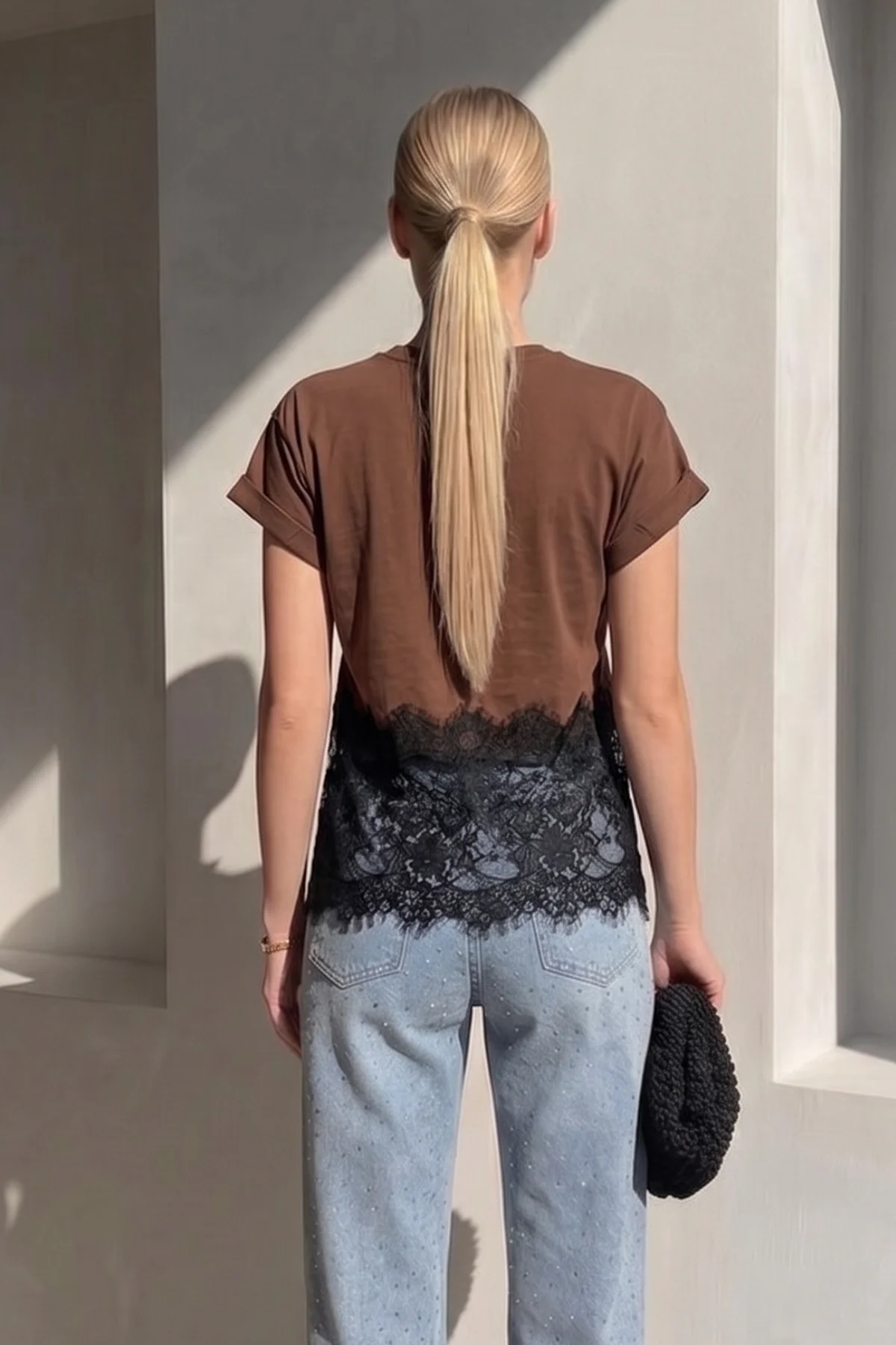 Kadın Kahverengi Dantel Detaylı Pamuklu Pinterest Crop Tişört