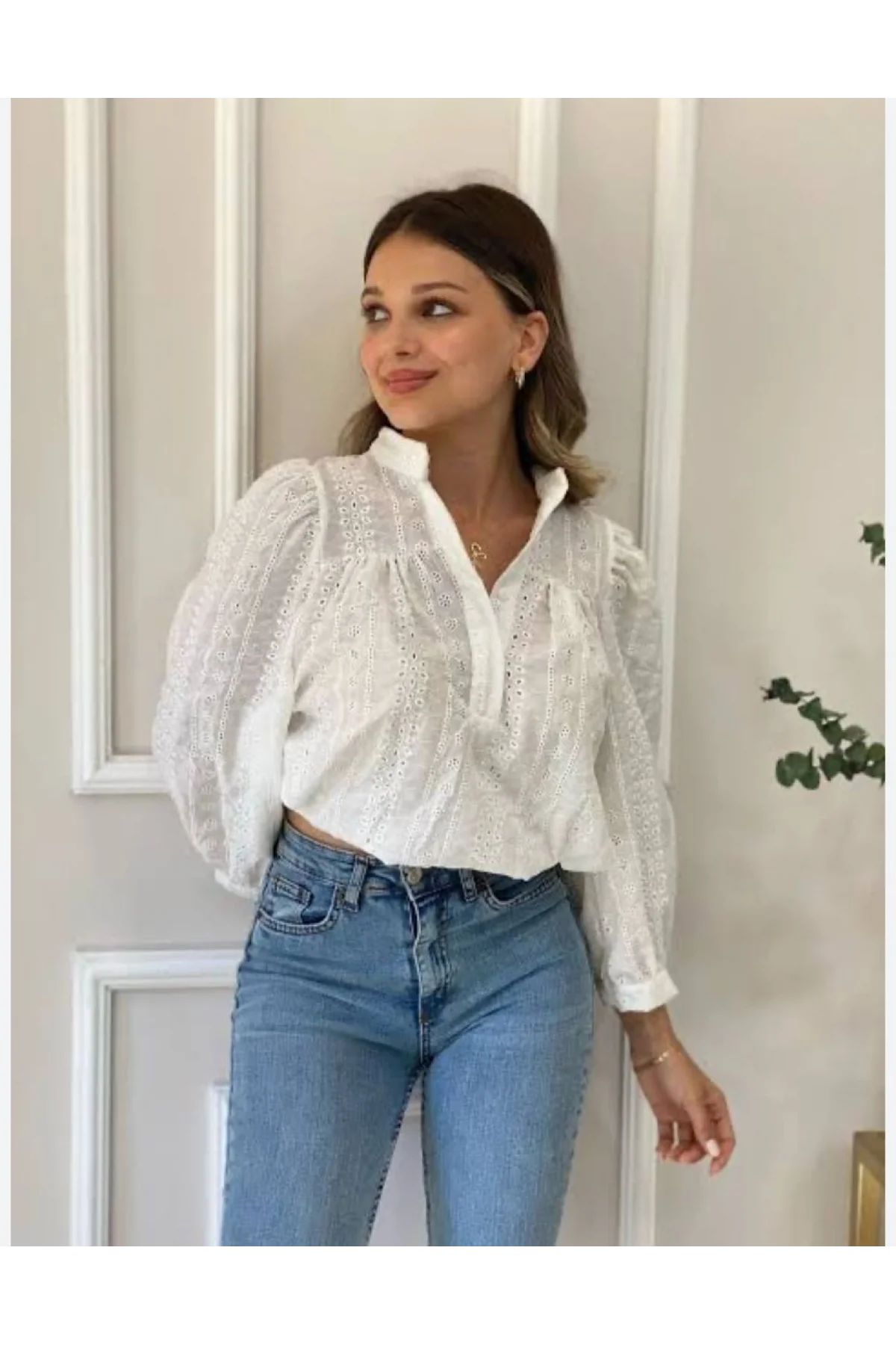 Kadın Beyaz Fisto Dantel Garnili Hakim Yaka Pamuklu Pinterest Gömlek Bluz