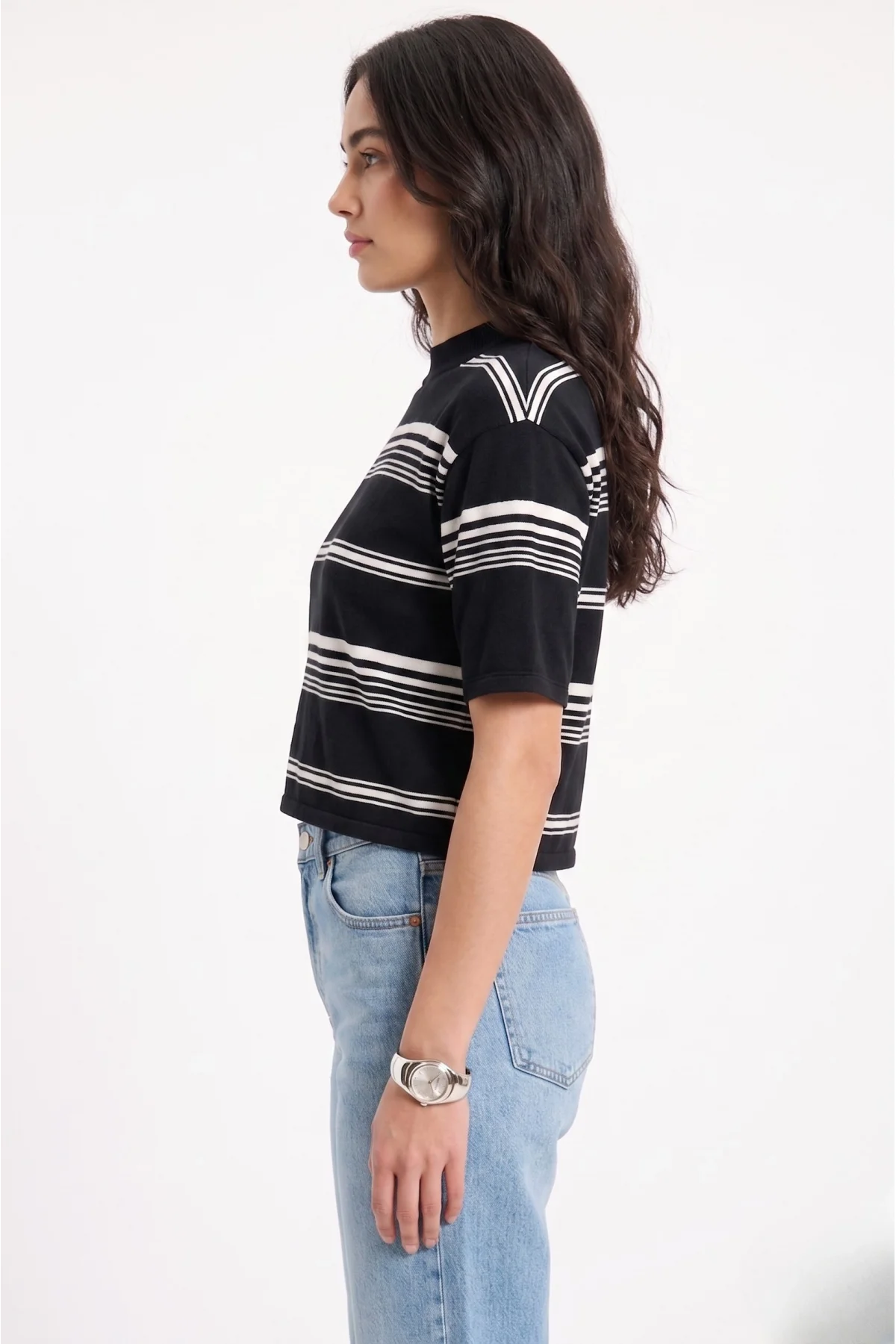 Kadın Siyah Beyaz Çizgili Pamuklu Tişört Bohem Pinterest Stili Crop