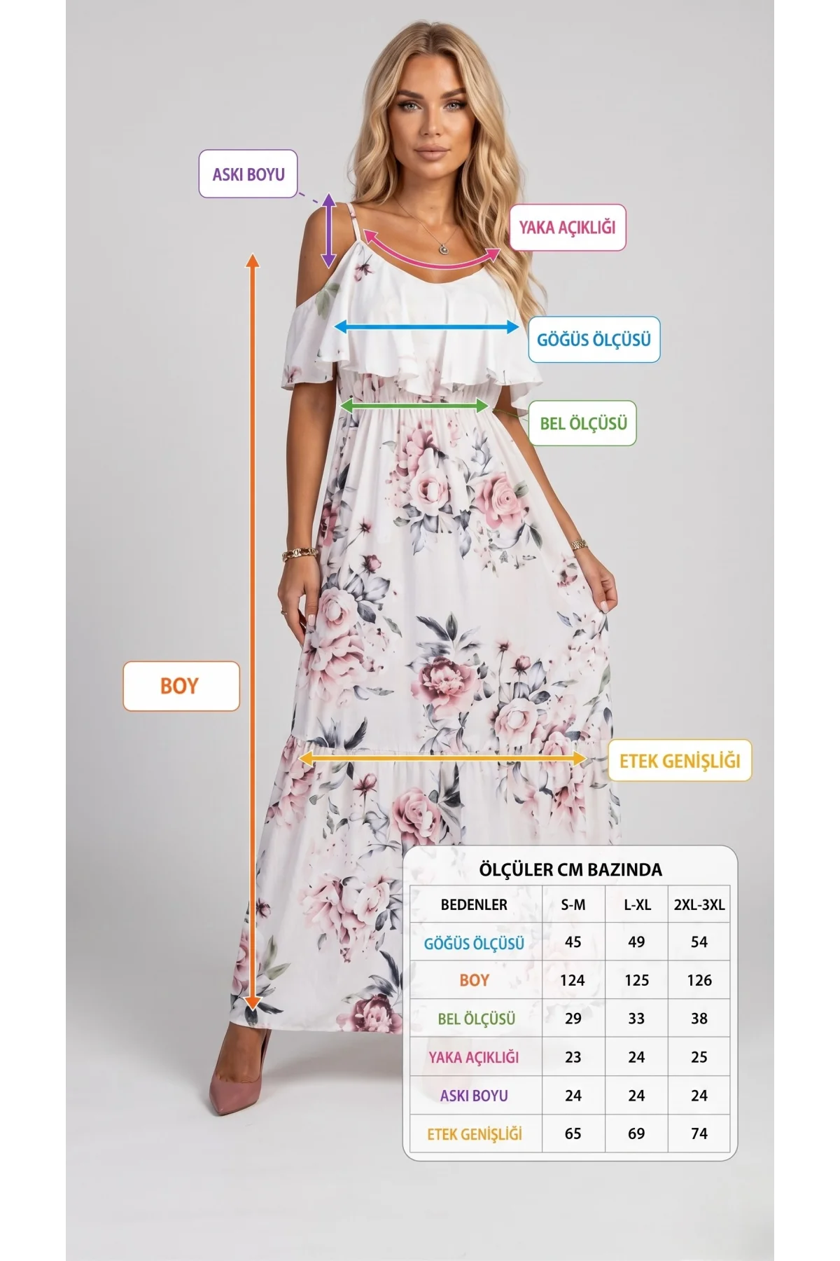 Kadın Ekru Pembe Çiçek Desenli Pamuklu Viskon Elbise Bohem Pinterest Askılı Maxi