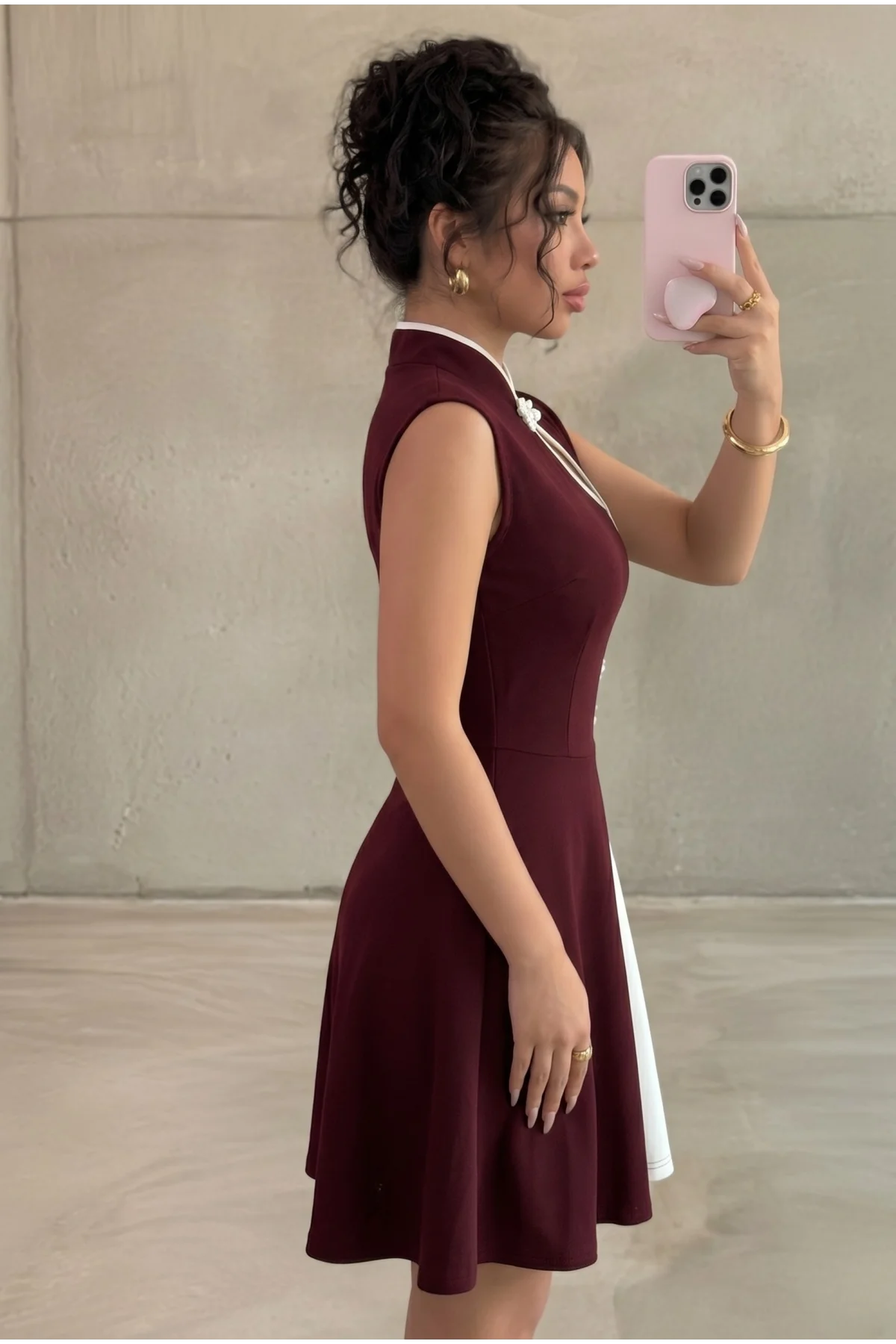 Kadın Bordo Çin Yakalı Kloş Etekli Pinterest Krep Kumaş Mini Abiye Elbise