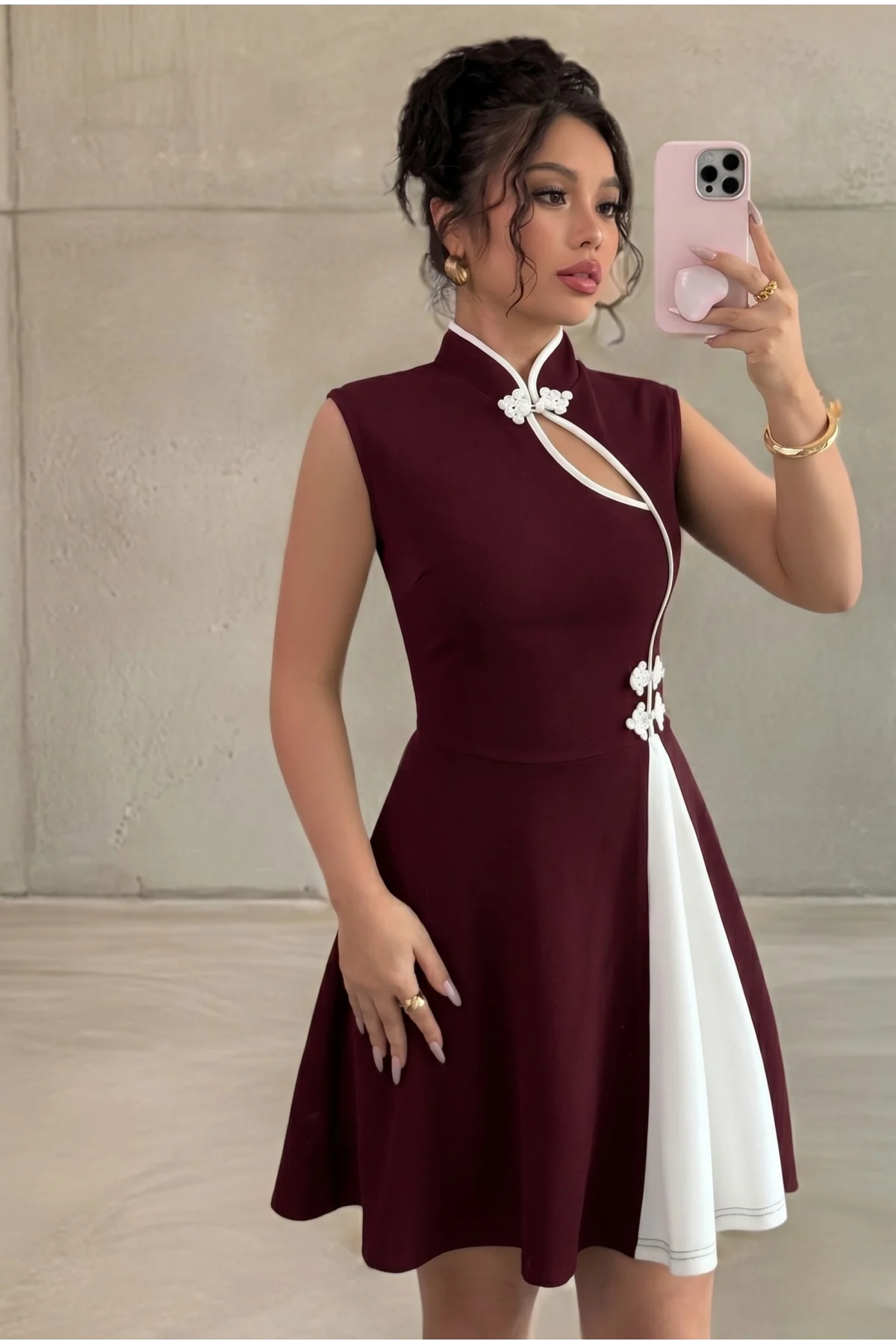 Kadın Bordo Çin Yakalı Kloş Etekli Pinterest Krep Kumaş Mini Abiye Elbise