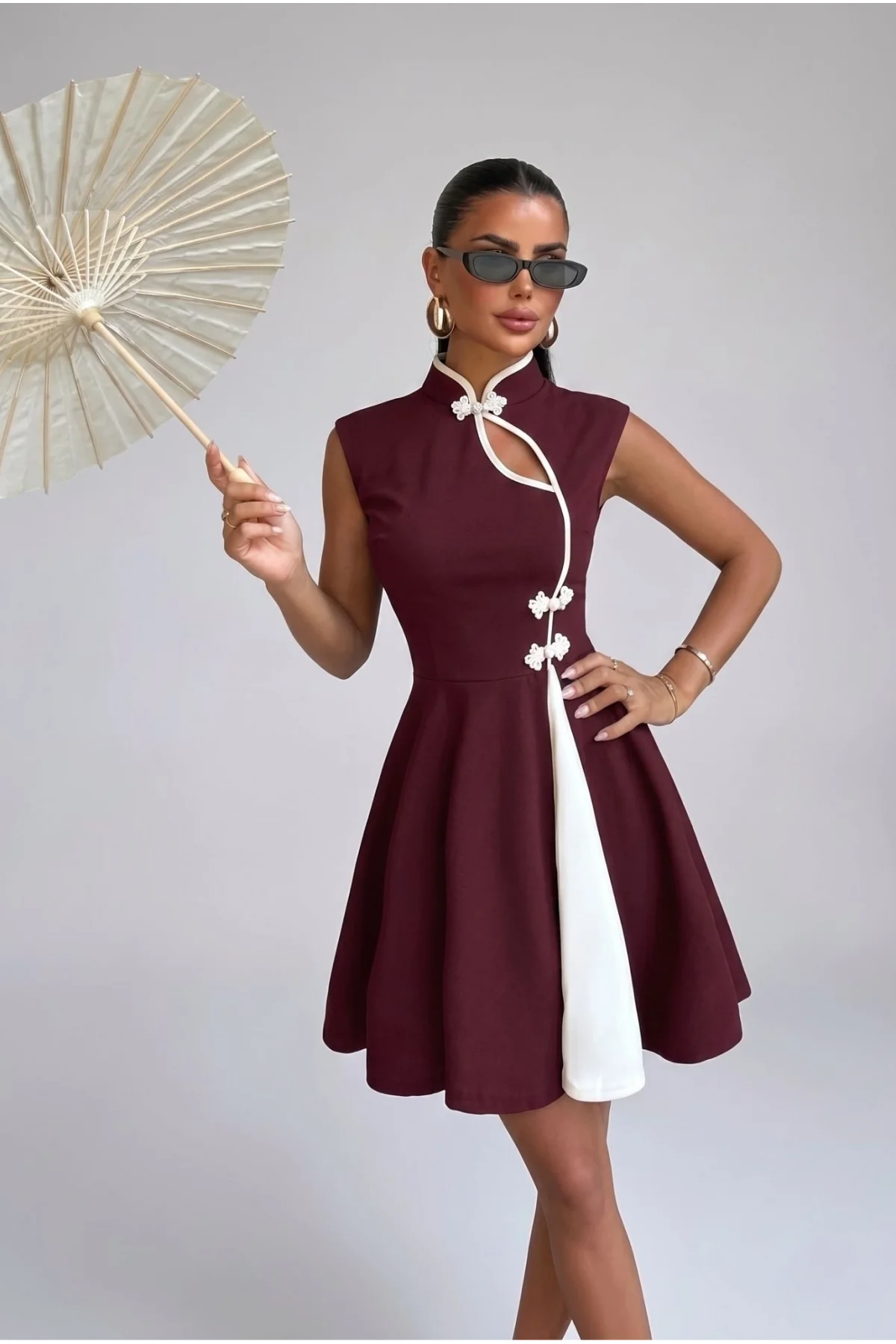Kadın Bordo Çin Yakalı Kloş Etekli Pinterest Krep Kumaş Mini Abiye Elbise