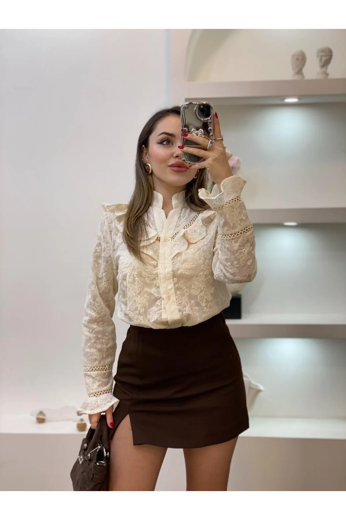 Kadın Bej Volanlı Fisto Nakışlı Gömlek Bluz Bohem Pinterest Dantelli