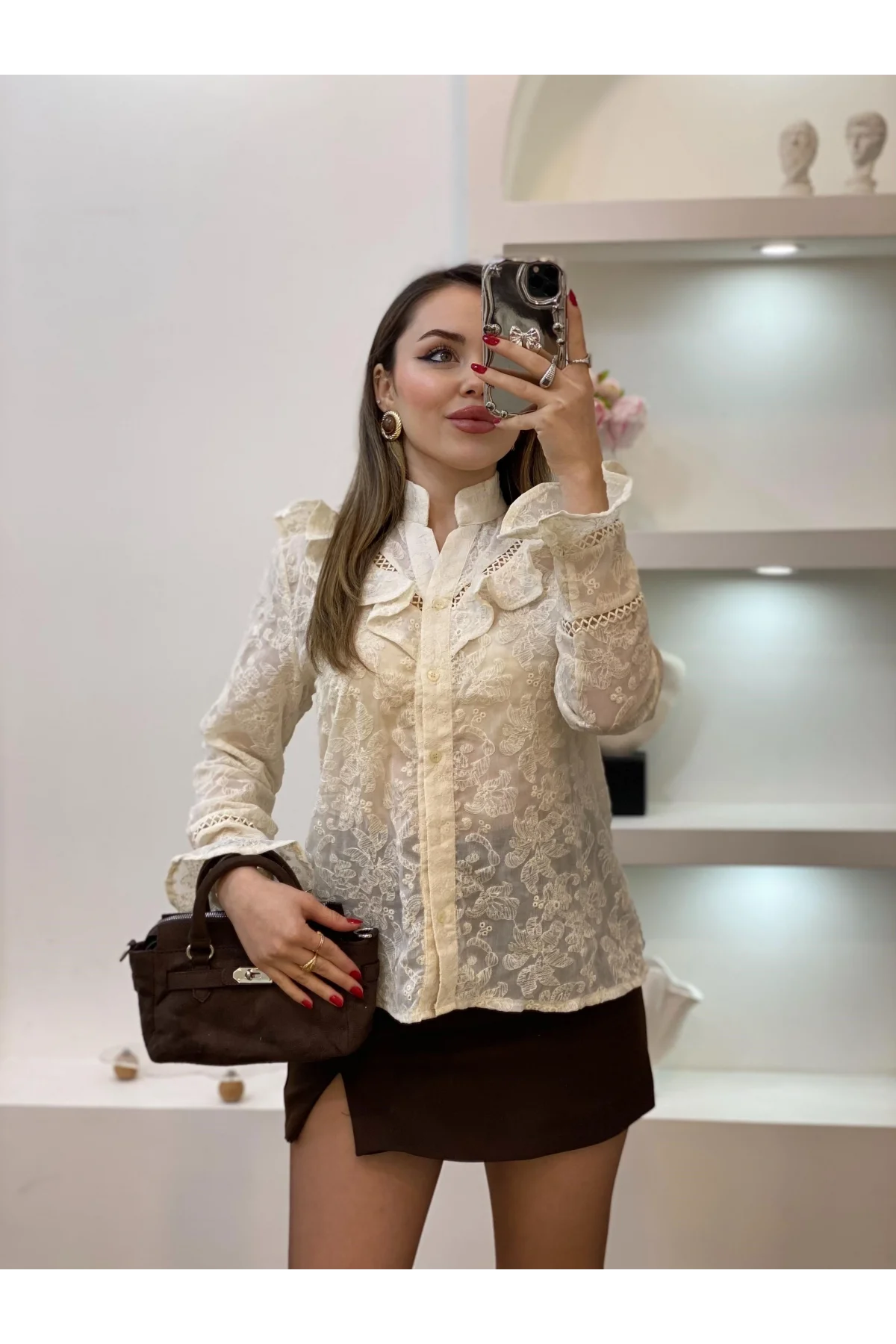 Kadın Bej Volanlı Fisto Nakışlı Gömlek Bluz Bohem Pinterest Dantelli