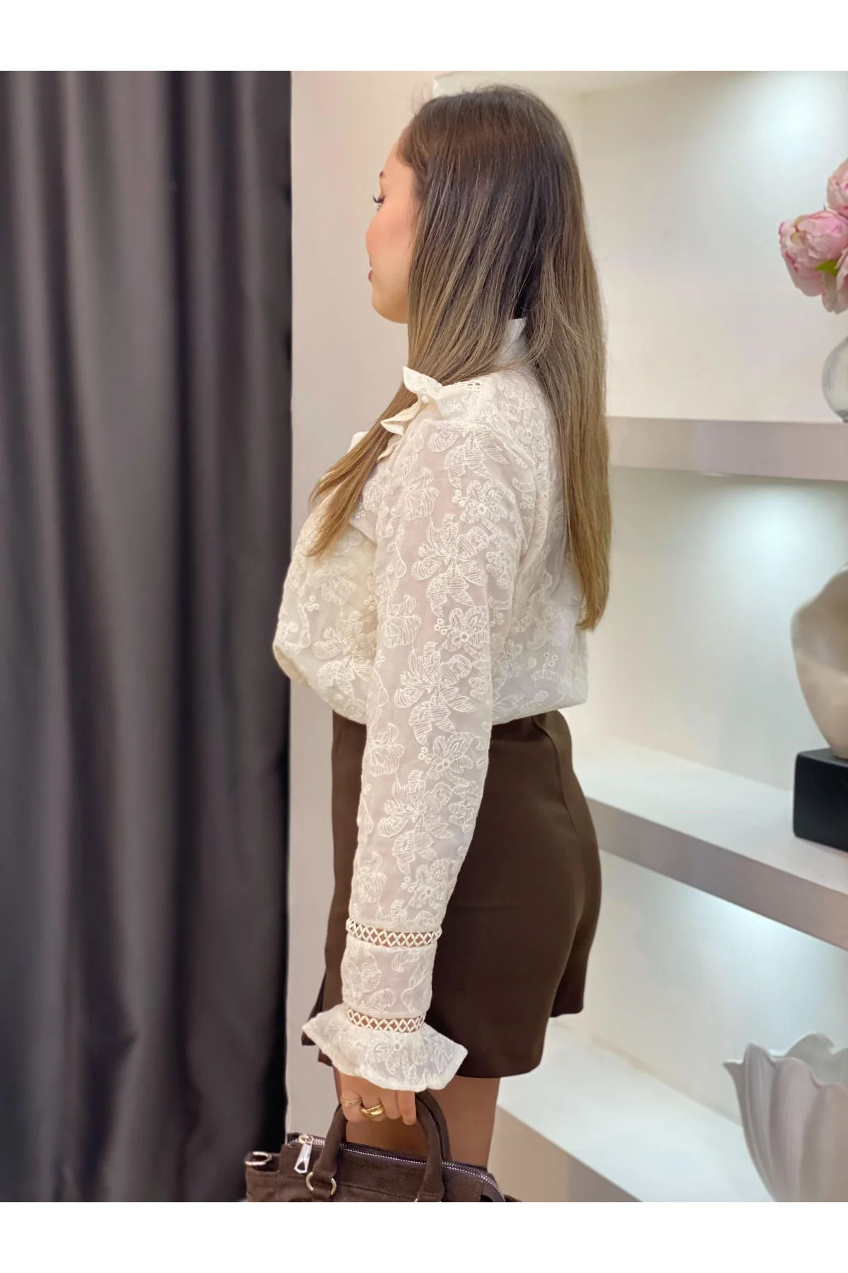 Kadın Bej Volanlı Fisto Nakışlı Gömlek Bluz Bohem Pinterest Dantelli