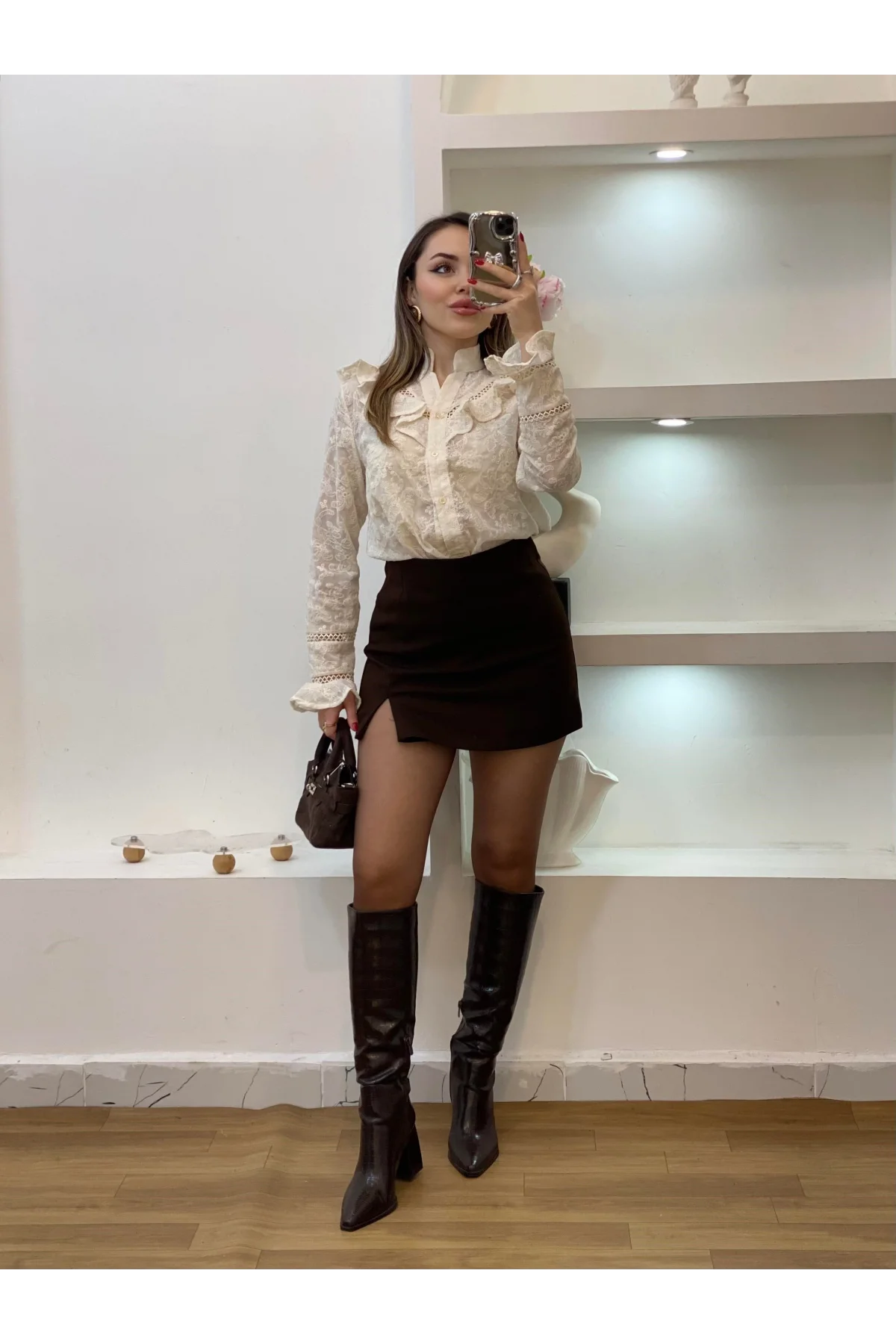 Kadın Bej Volanlı Fisto Nakışlı Gömlek Bluz Bohem Pinterest Dantelli