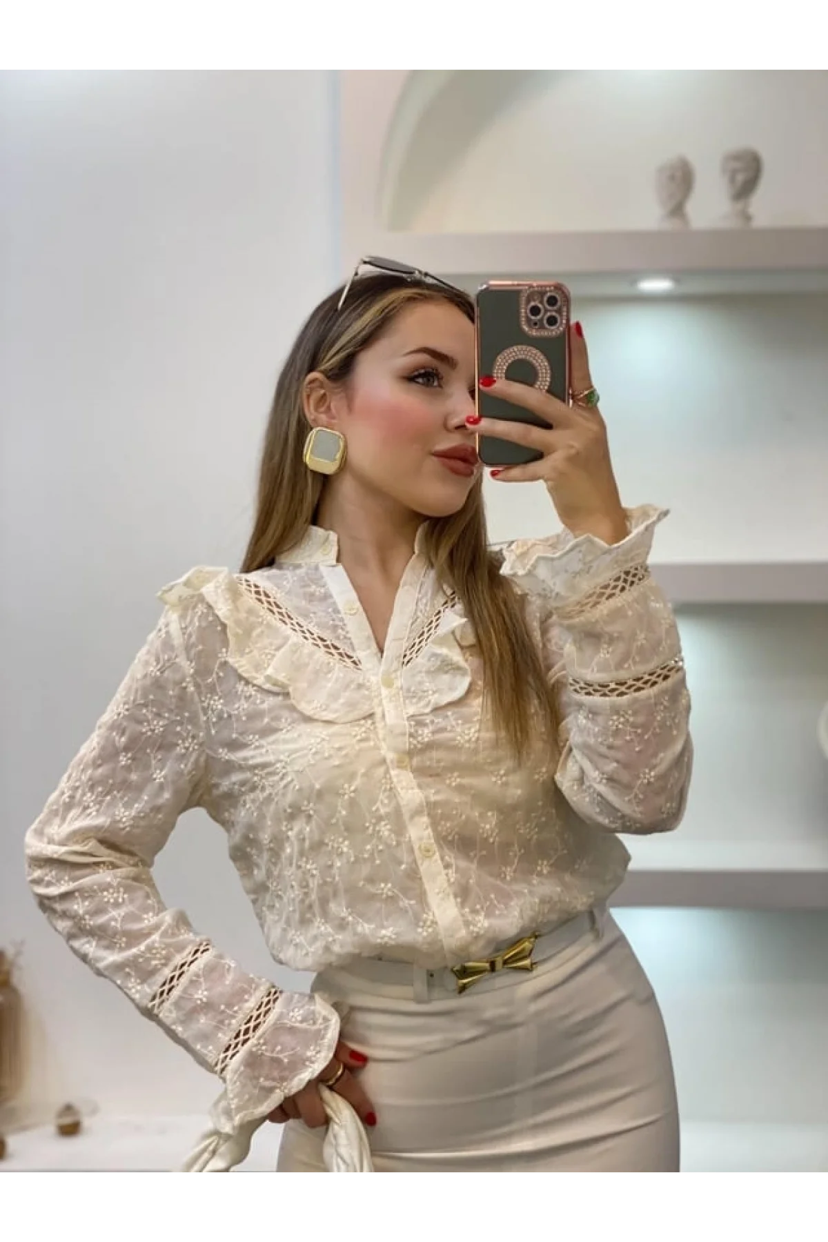 Kadın Bej Volanlı Fisto Nakışlı Gömlek Bluz Bohem Pinterest Dantelli