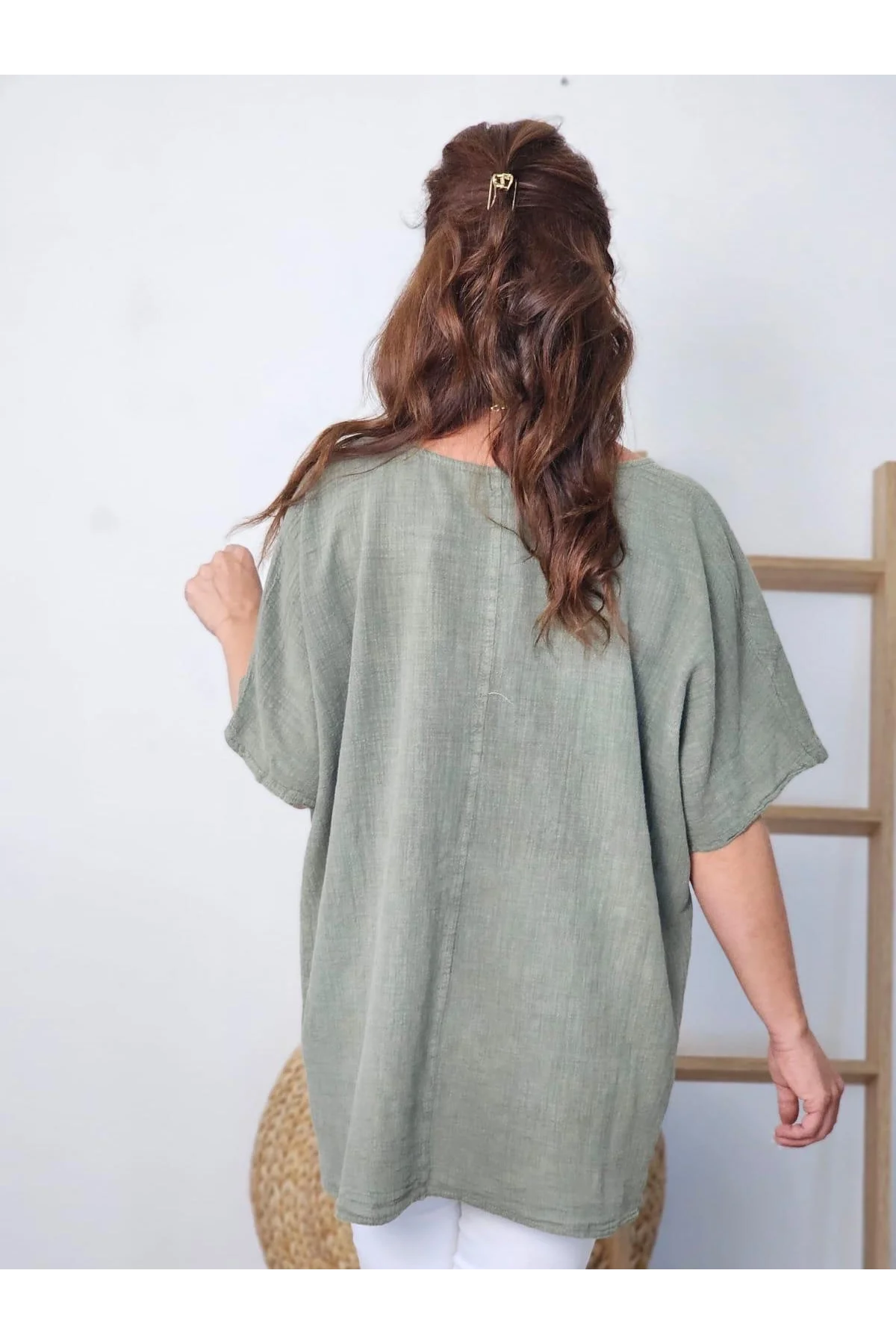 Kadın Haki Asimetrik Düğmeli Pamuk Keten Bluz Salaş Tunik Pinterest
