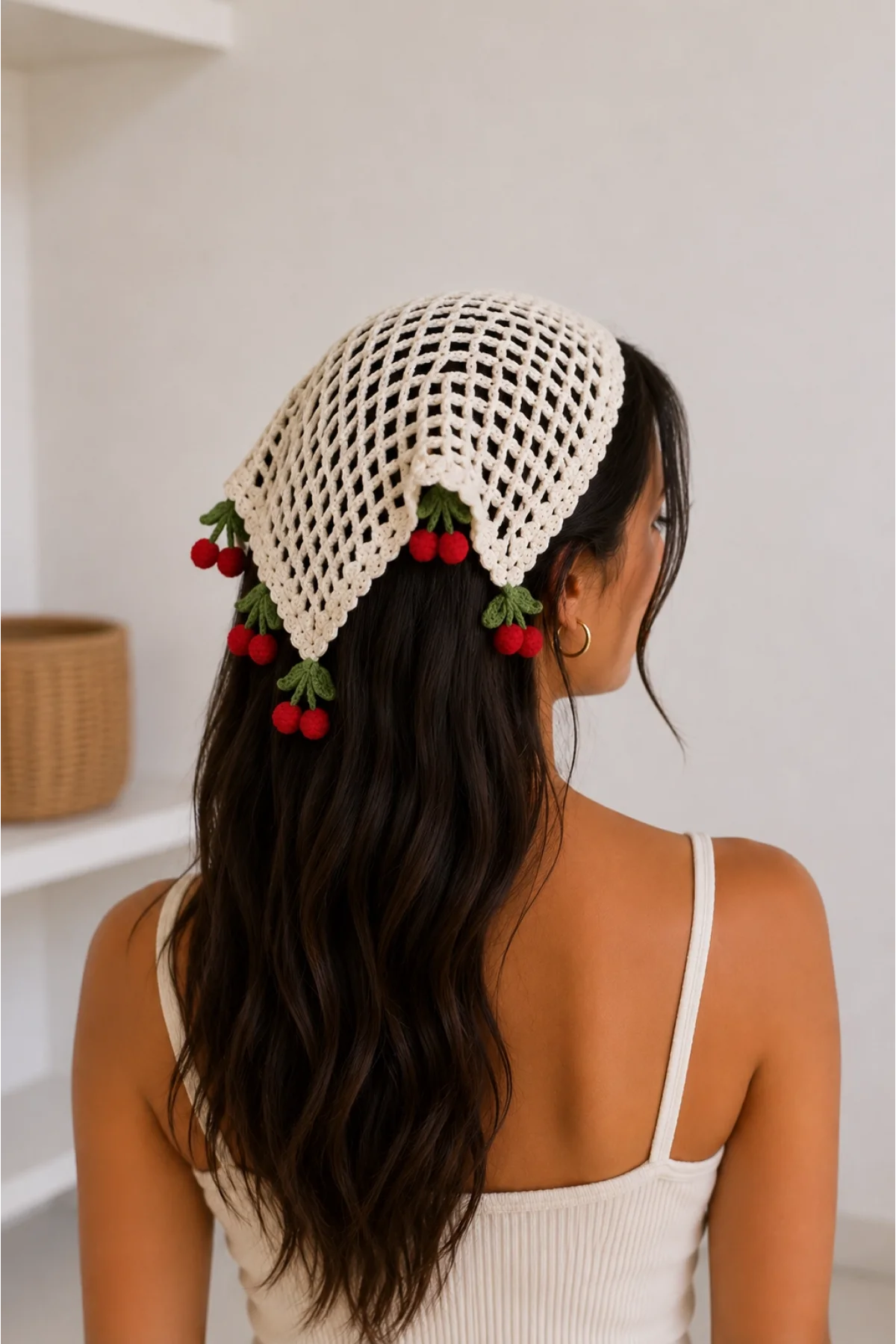 Kadın Ekru Triko Kiraz Sallantılı Örgü Bandana Yazlık Saç Eşarbı