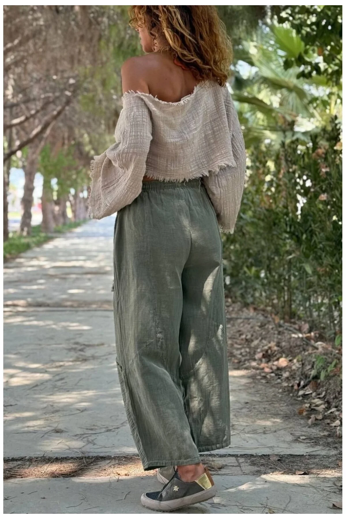 Kadın Haki Keten Cepli Yıkamalı Bohem Pinterest Salaş Bol Paça Pantolon