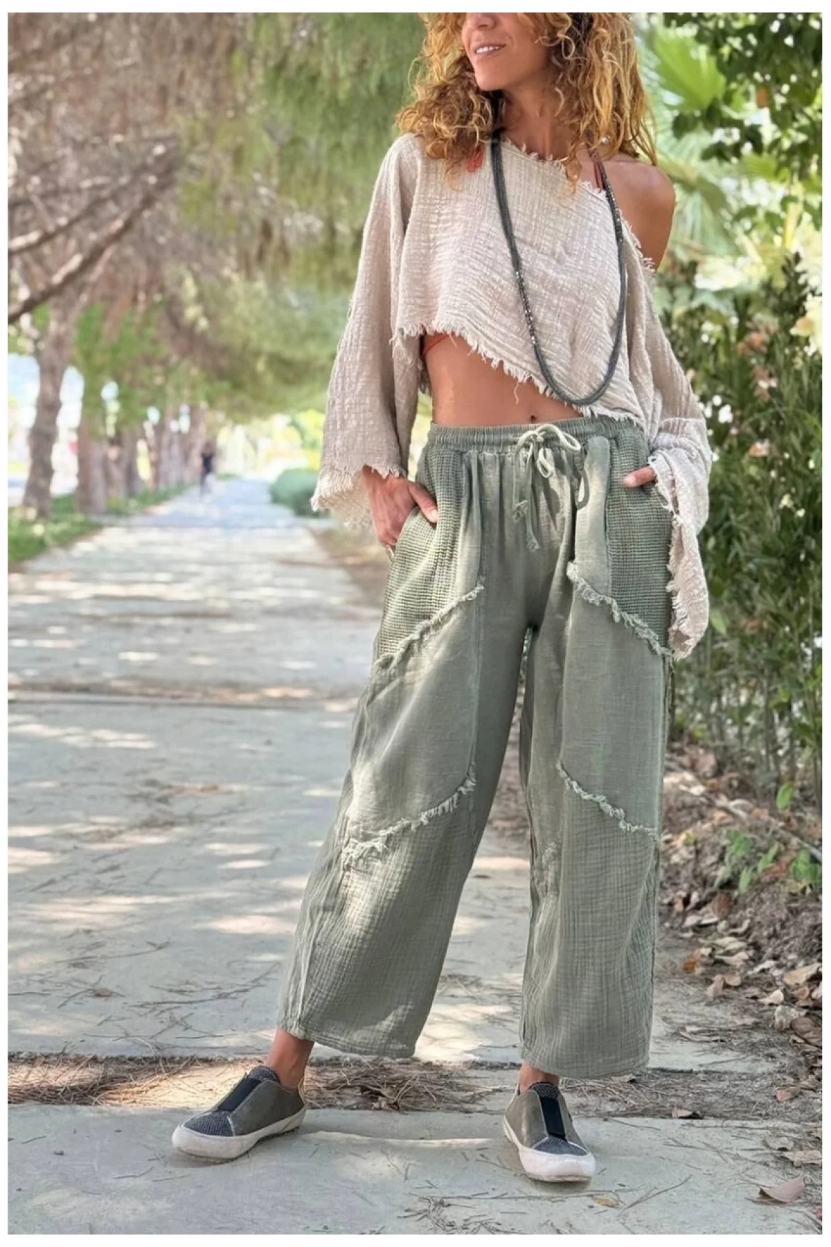 Kadın Haki Keten Cepli Yıkamalı Bohem Pinterest Salaş Bol Paça Pantolon