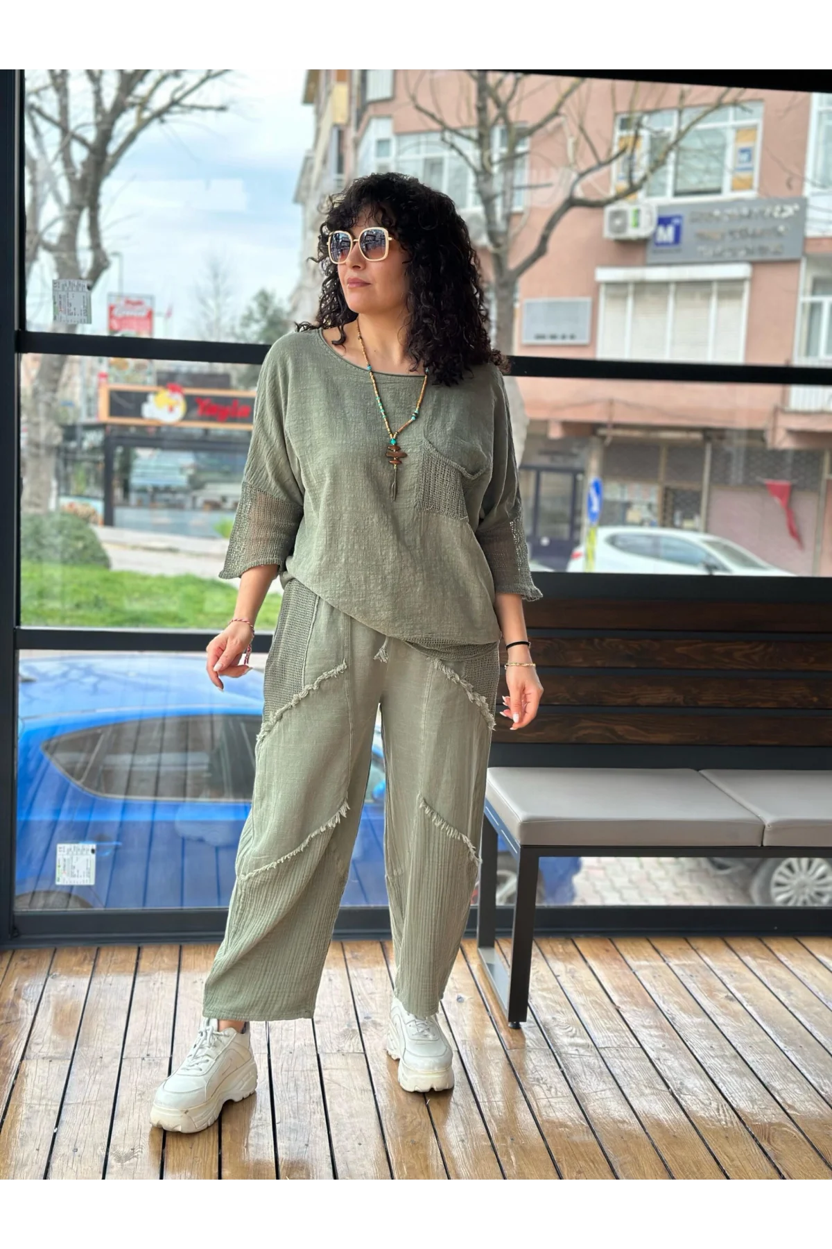 Kadın Haki Keten Cepli Yıkamalı Bohem Pinterest Salaş Bol Paça Pantolon