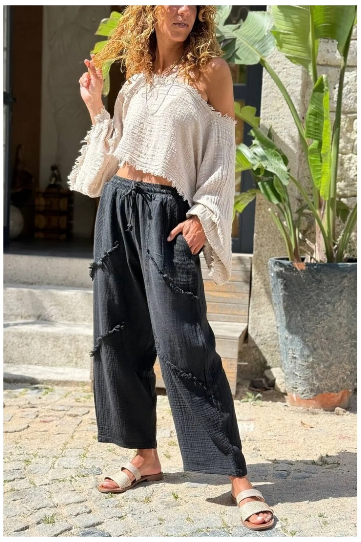 Kadın Siyah Keten Cepli Yıkamalı Bohem Pinterest Salaş Bol Paça Pantolon
