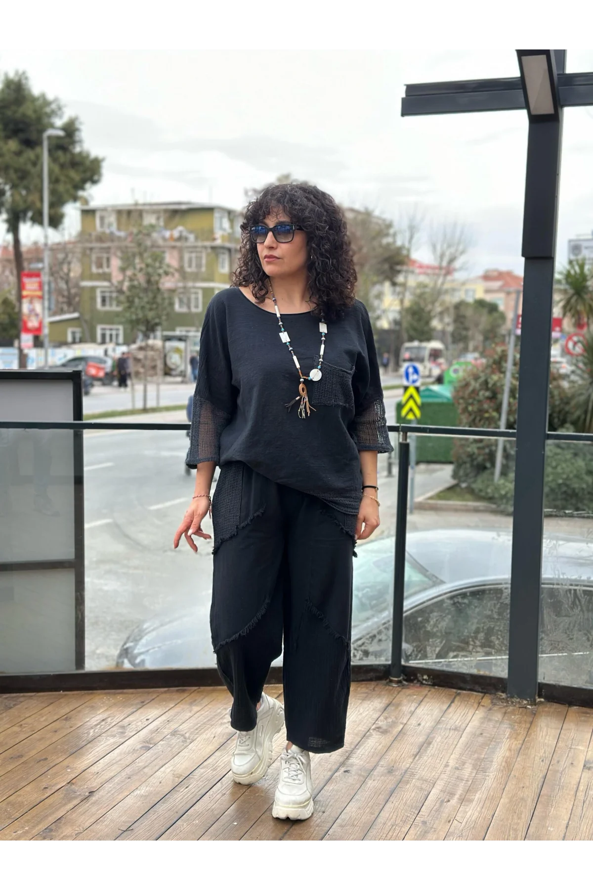 Kadın Siyah Keten Cepli Yıkamalı Bohem Pinterest Salaş Bol Paça Pantolon