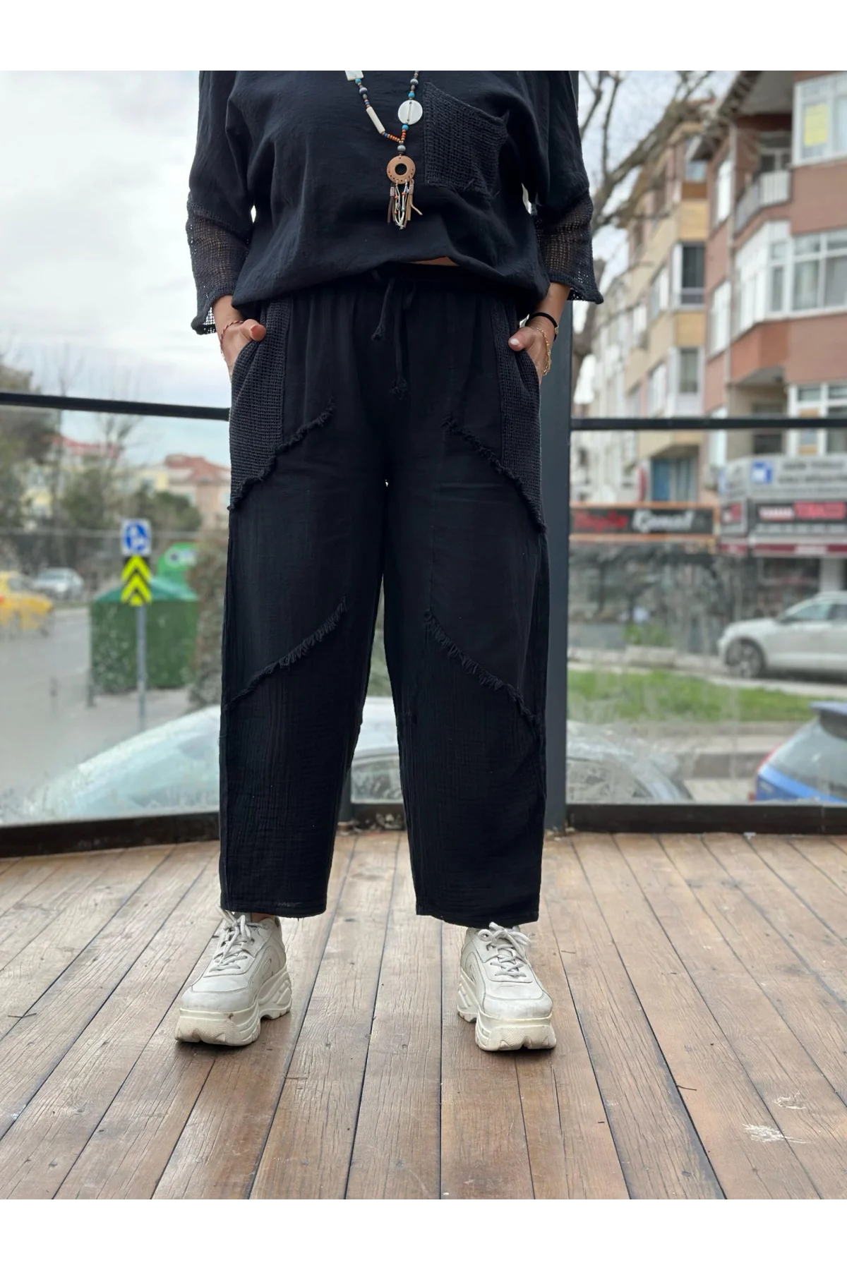 Kadın Siyah Keten Cepli Yıkamalı Bohem Pinterest Salaş Bol Paça Pantolon
