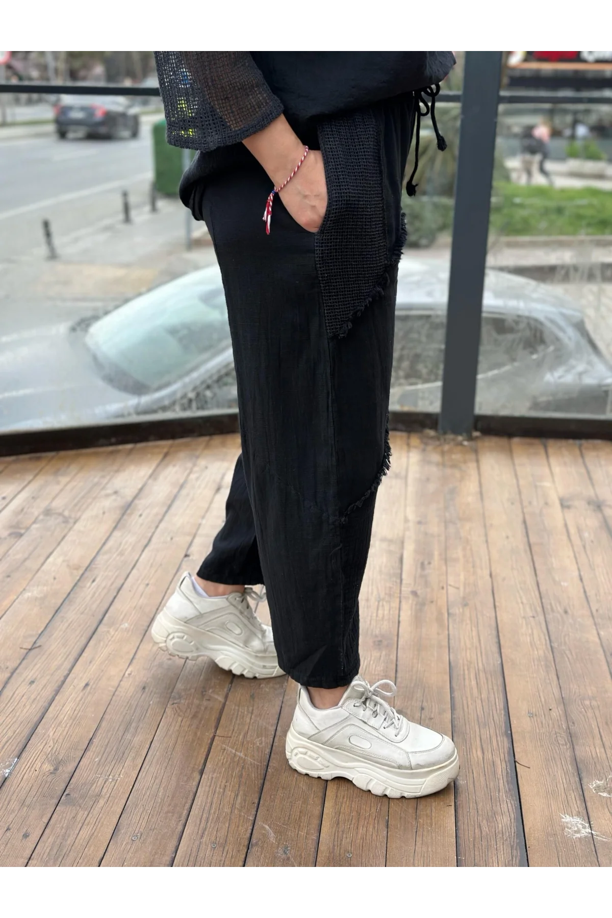 Kadın Siyah Keten Cepli Yıkamalı Bohem Pinterest Salaş Bol Paça Pantolon