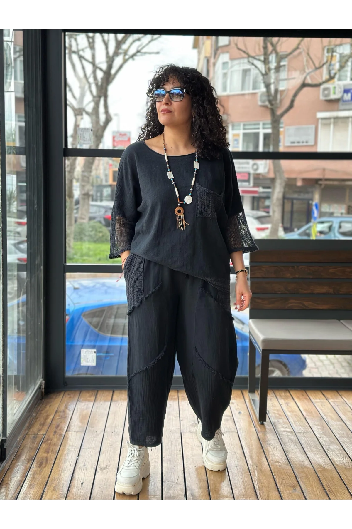 Kadın Siyah Keten Cepli Yıkamalı Bohem Pinterest Salaş Bol Paça Pantolon