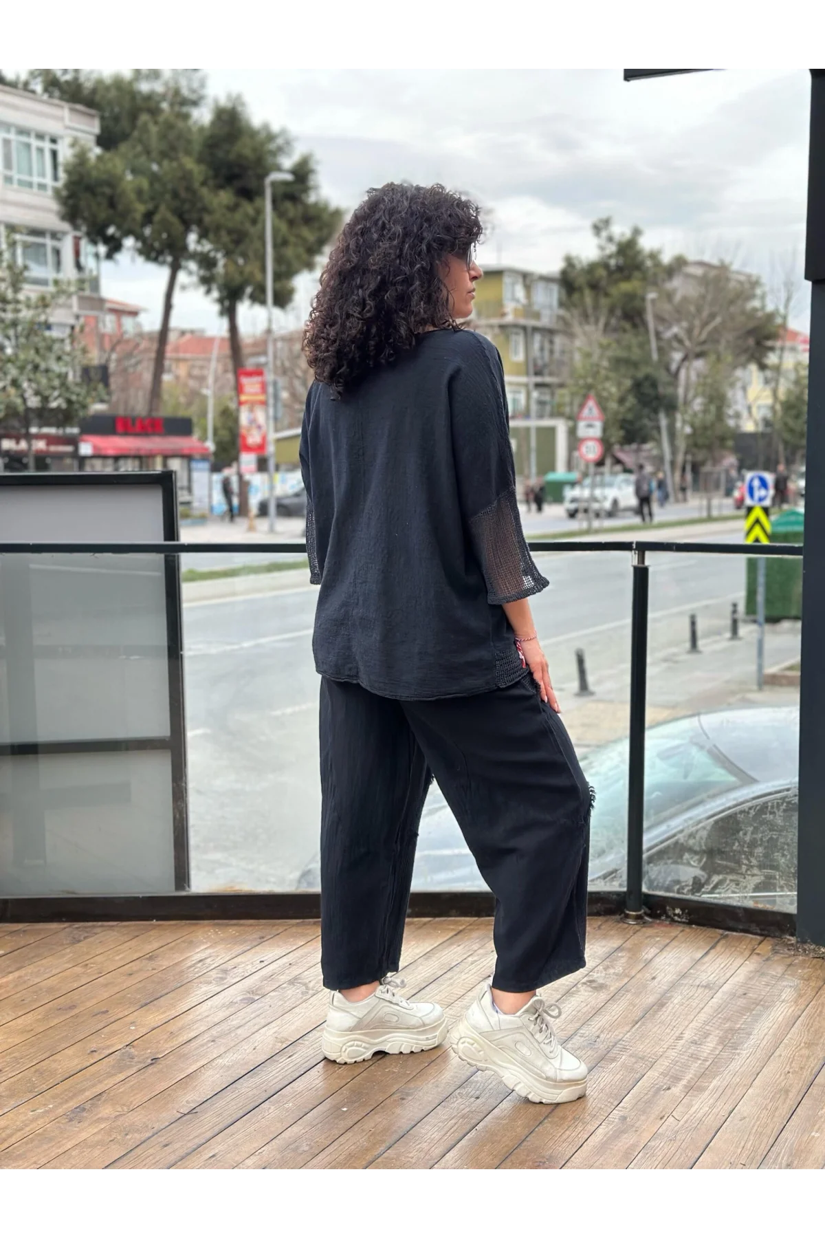 Kadın Siyah Keten Cepli Yıkamalı Bohem Pinterest Salaş Bol Paça Pantolon