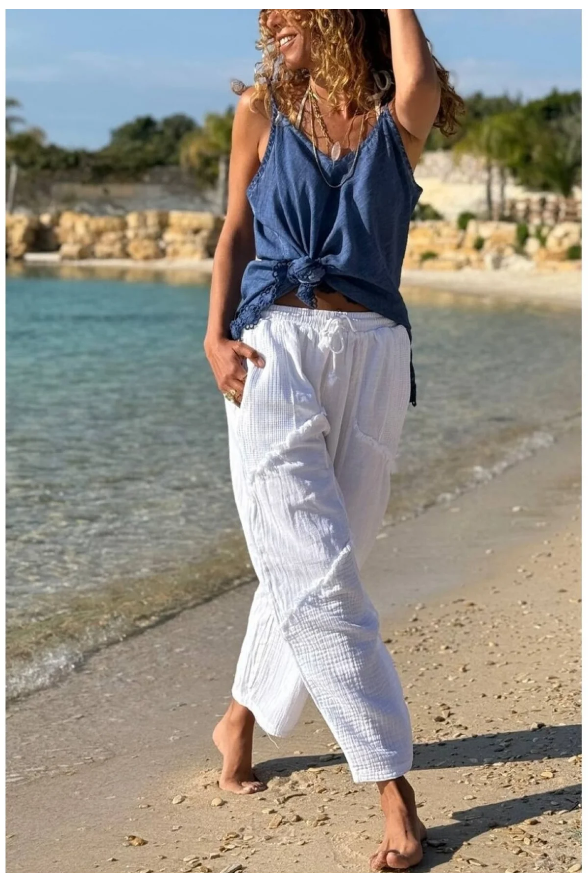 Kadın Beyaz Keten Cepli Yıkamalı Bohem Pinterest Salaş Bol Paça Pantolon